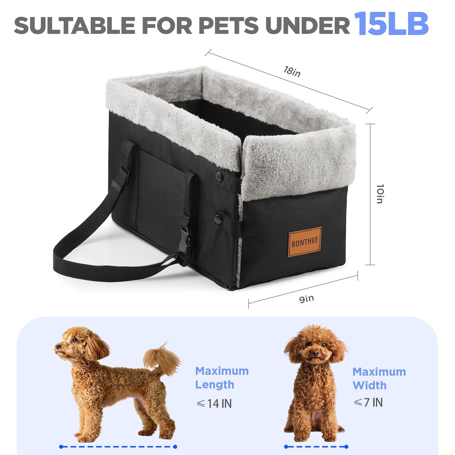 Console Dog Car Seat for Small Dogs,Small Dog Booster Seat for Car Washable Foldable Puppy Car Seat with Safe Protection Hooks Adjustable Straps and Storage Pocket Pet Up to 15lbs