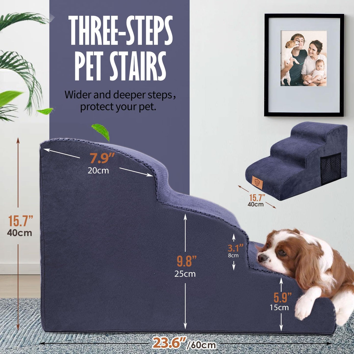 Almcmy 3-Step Dog Stairs for Small Dogs 15.7" H, Foam Pet Stairs for High Bed, Soft Dog Steps with Removable Cover, Non-Slip Dog Ramp Pet Steps for Old Cats, Injured Dogs, Elderly Pets, Blue
