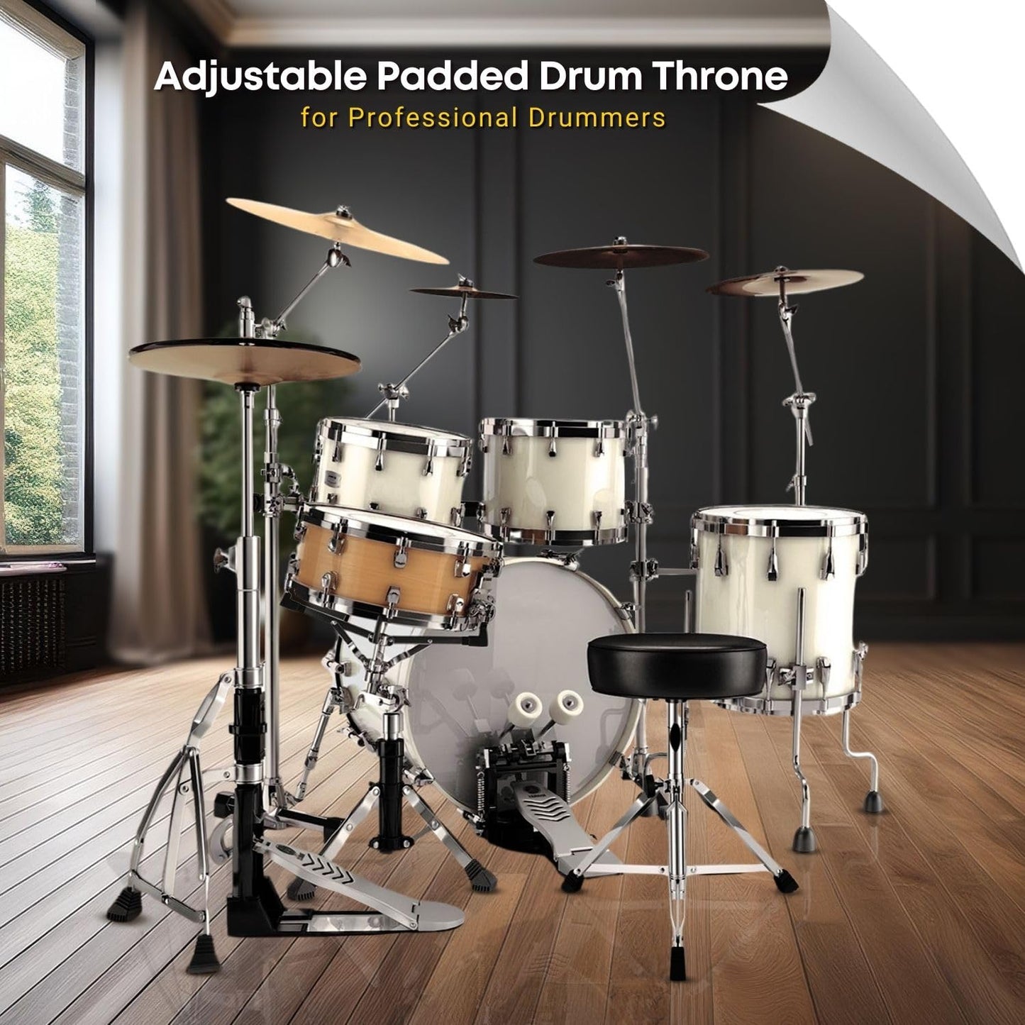 Flexzion Drummer Throne - Padded Drum Stool for Adults & Kids with Adjustable Height - Round Top Drummer Chair Seat with Foldable Tripod & Anti-Slip Rubber Feet for Beginner & Professional Musician