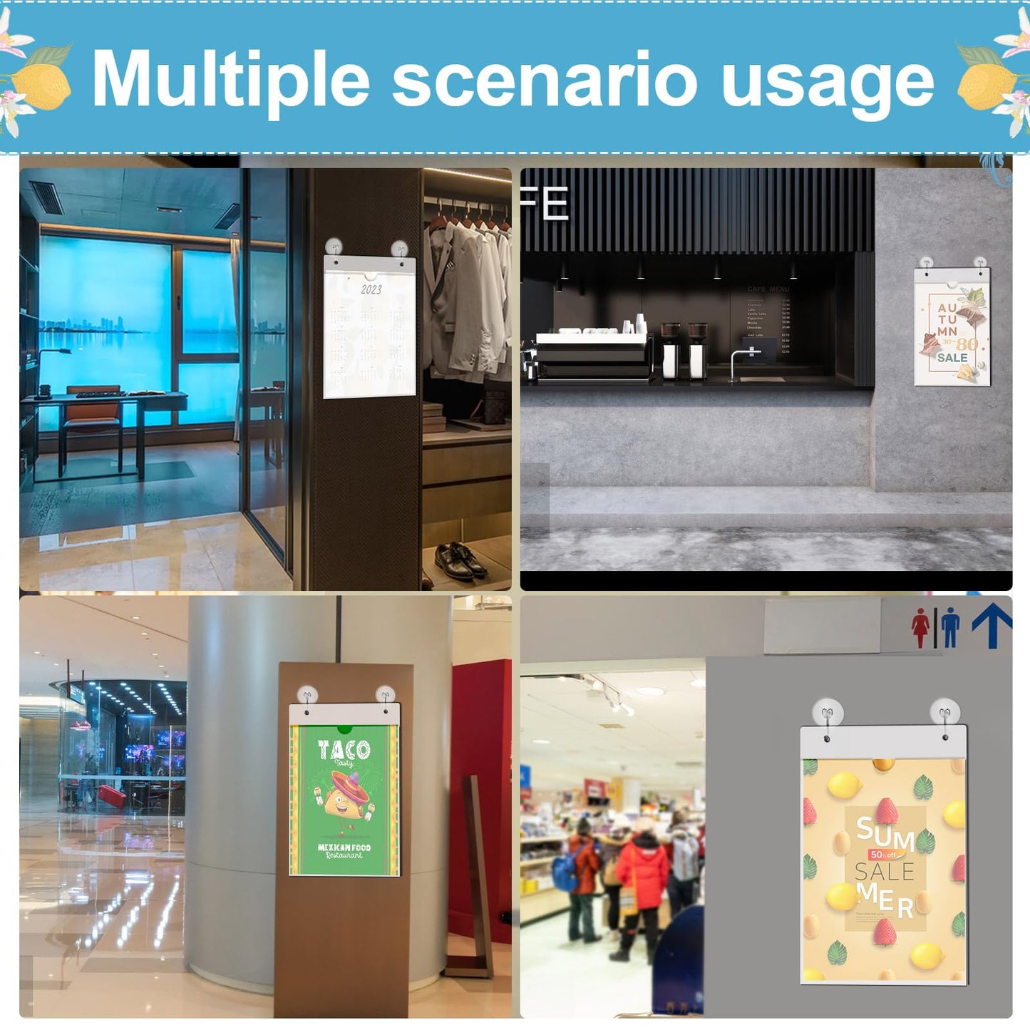 AIHSUMC 4 Pcs Acrylic Window Sign Holder, 8.5 x 11 Inch Hanging Acrylic Sign Holder, Wall Mount Paper Display Ad Frame with Tape,Mounting Screws,Suction Cups Hooks for Mall Office Store Restaurant