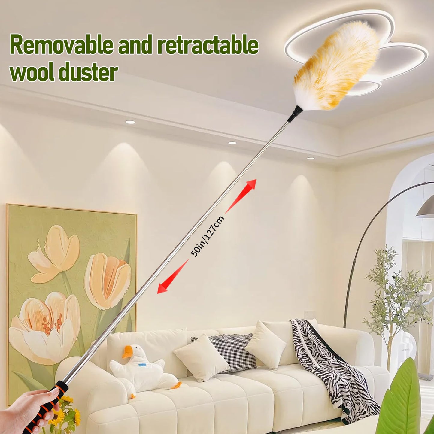 Mehellofeather Retractable Lambswool Duster 25-64 Inch Removable Telescopic Handle Wool Duster for Cleaning Ceiling Fans Window High Places (2PCS)