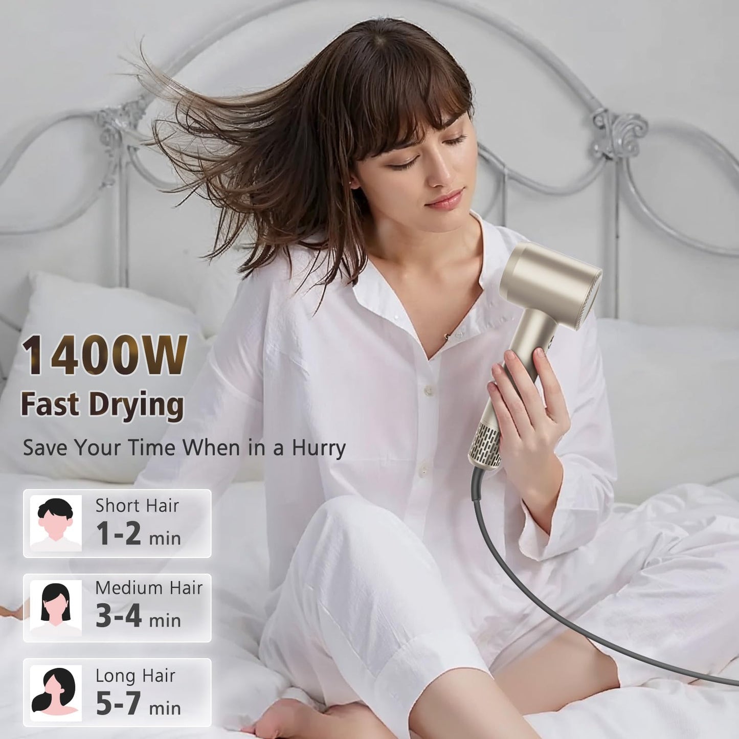 Careboda Professional Hair Dryer, 200 Million Negative Ionic Blow Dryer with Diffuser and Nozzle,1400 W High-Speed HairDryer,Low Noise Home Hair Dryer,110000 RPM Brushless Motor, For Travel, Home and Salon