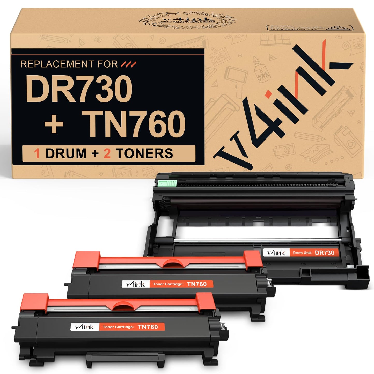 v4ink Compatible DR730 Drum and TN760 Toner Cartridge Set Replacement for Brother DR730 TN760 TN730 (1 Drum+ 2 Toner) for Brother HL L2350DW L2370DW L2390DW MFC L2690DW L2710DW L2717DW L2750DW Printer