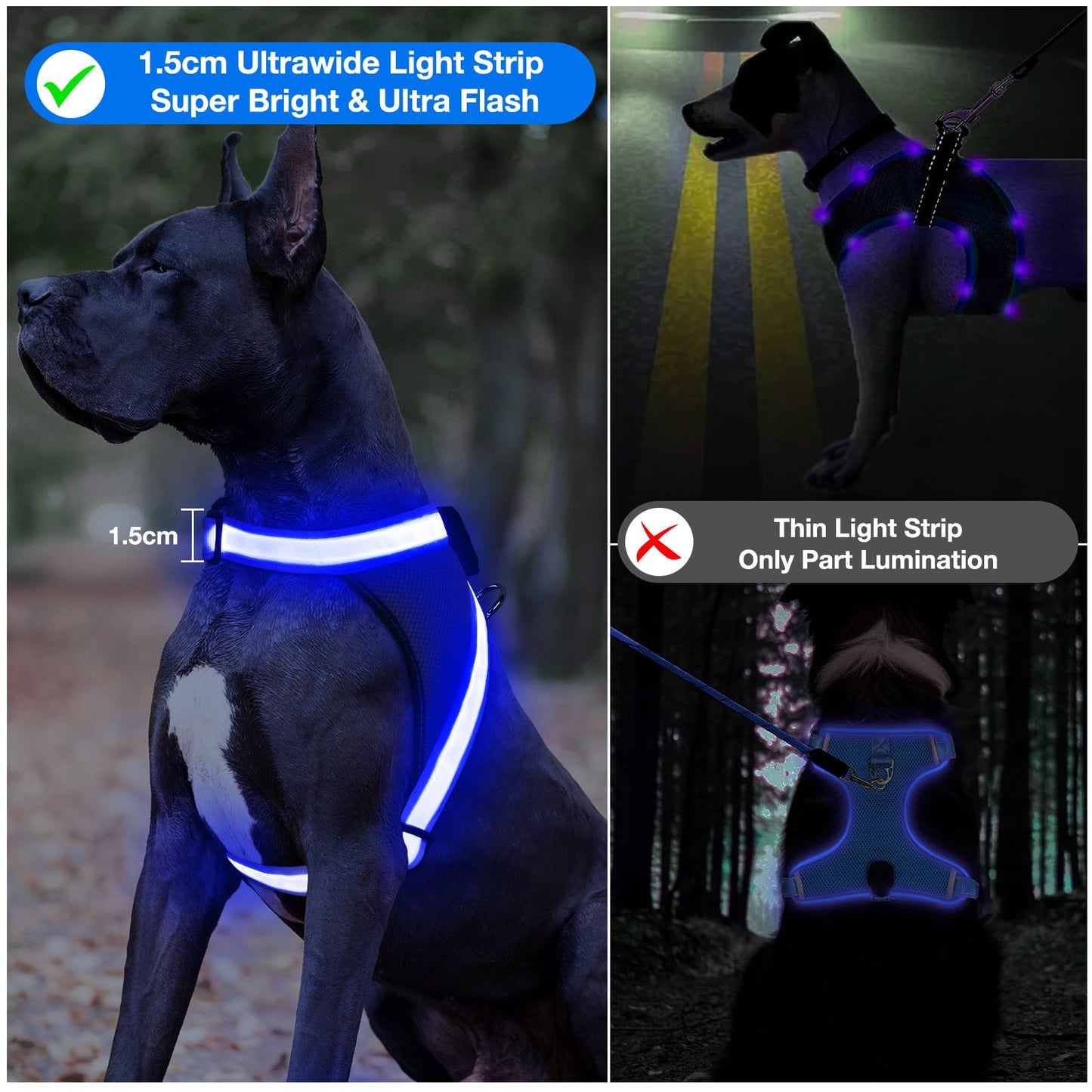ChalkLit Light Up Dog Harness, No Pull Led Dog Harness Glow-in-The-Dark for Night Walking, USB Rechargeable Lighted Safety Vest for Medium Large Dogs, Adjustable Soft Mesh Fully Illuminated (Blue, XL)