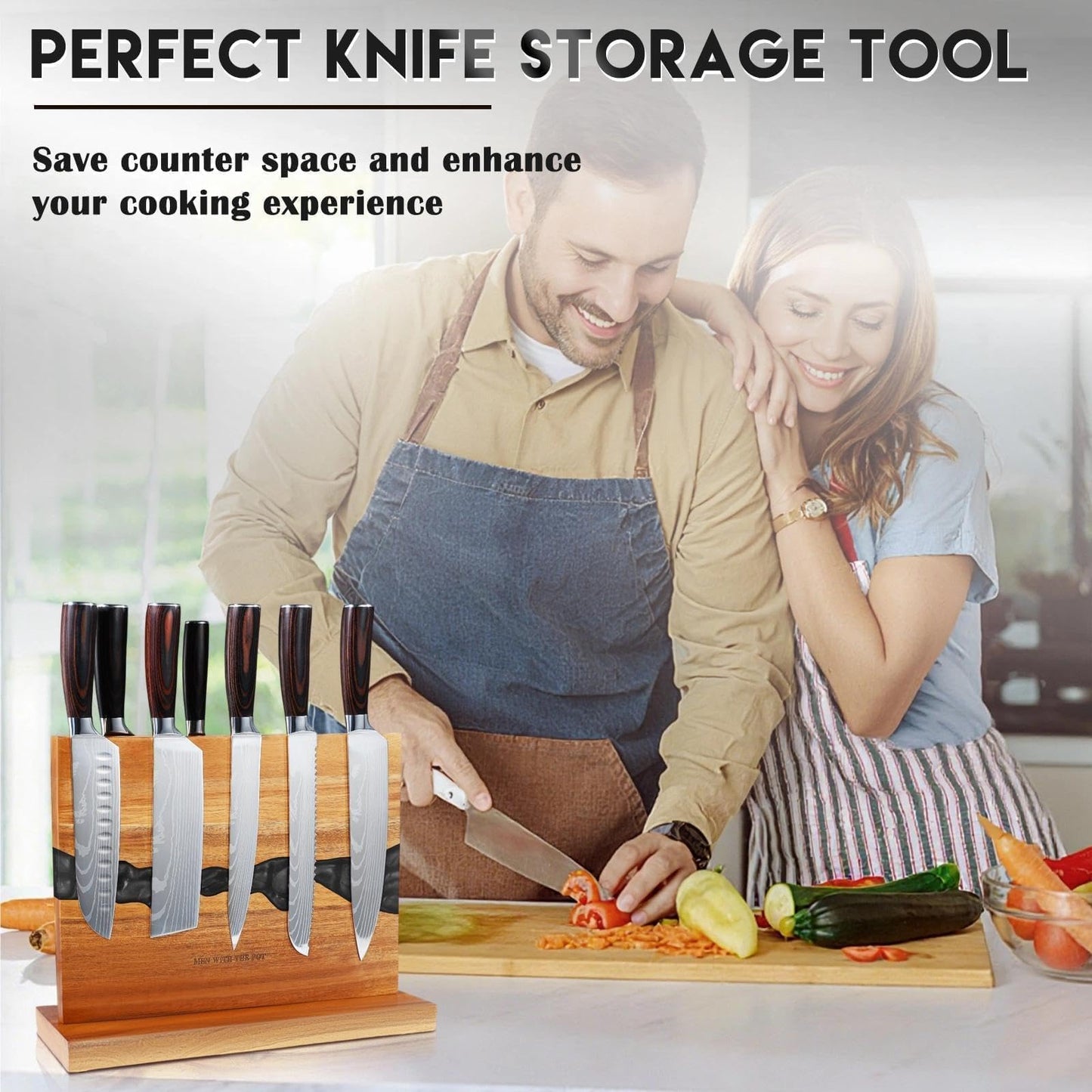 Men with THE Pot 13 x 10 Inches Magnetic Knife Block, Double Sided Powerful Wood & Black Flow Pattern Magnetic Kitchen Knife Holder Stand, Knife Storage Organizer, Cooking Gifts for Men Dad
