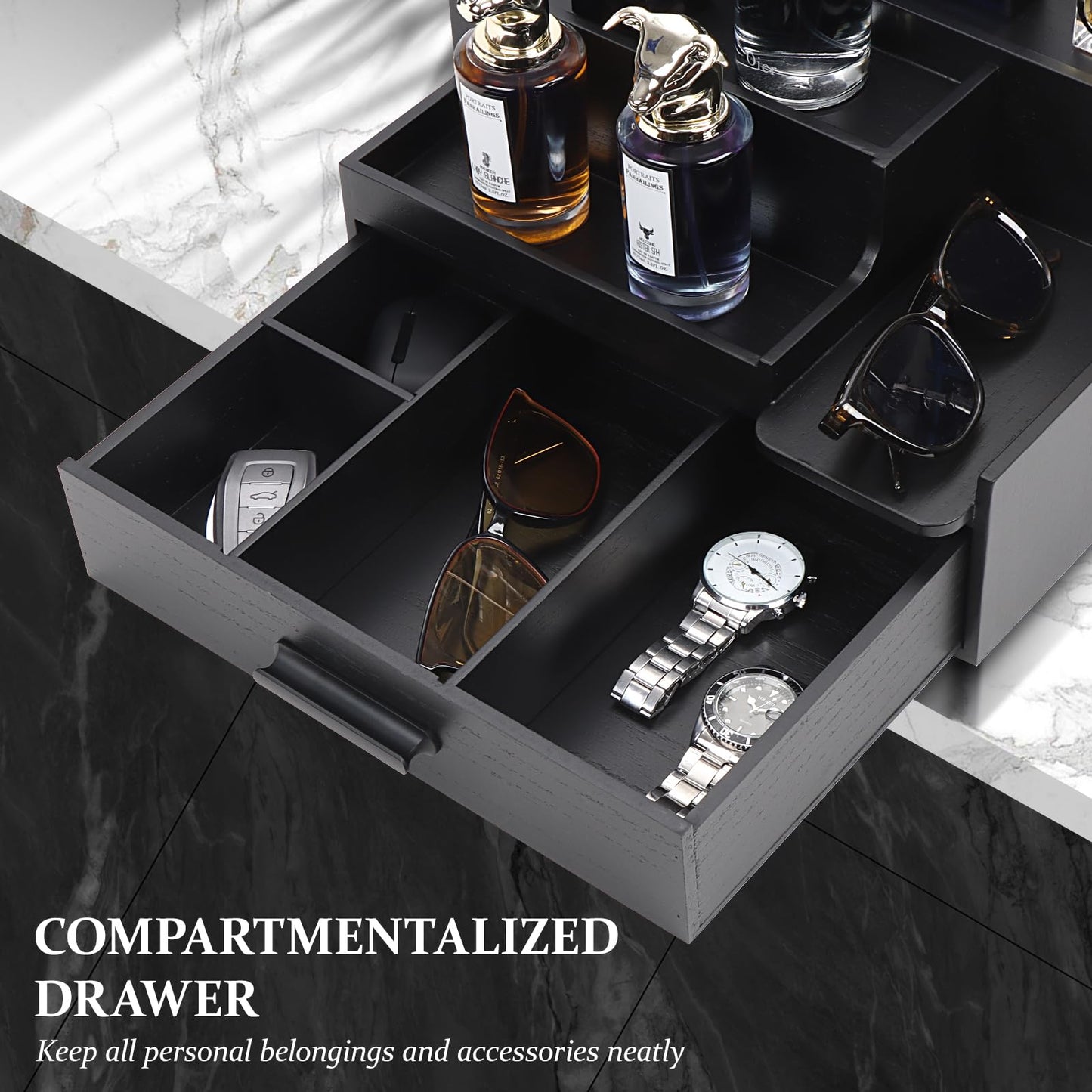 Butizone Cologne Organizer for Men, 3 Tier Perfume Stand Holder with Drawer and Hidden Compartment, Cologne Display Shelf for Dresser, Great Gift for Man/Father, Black