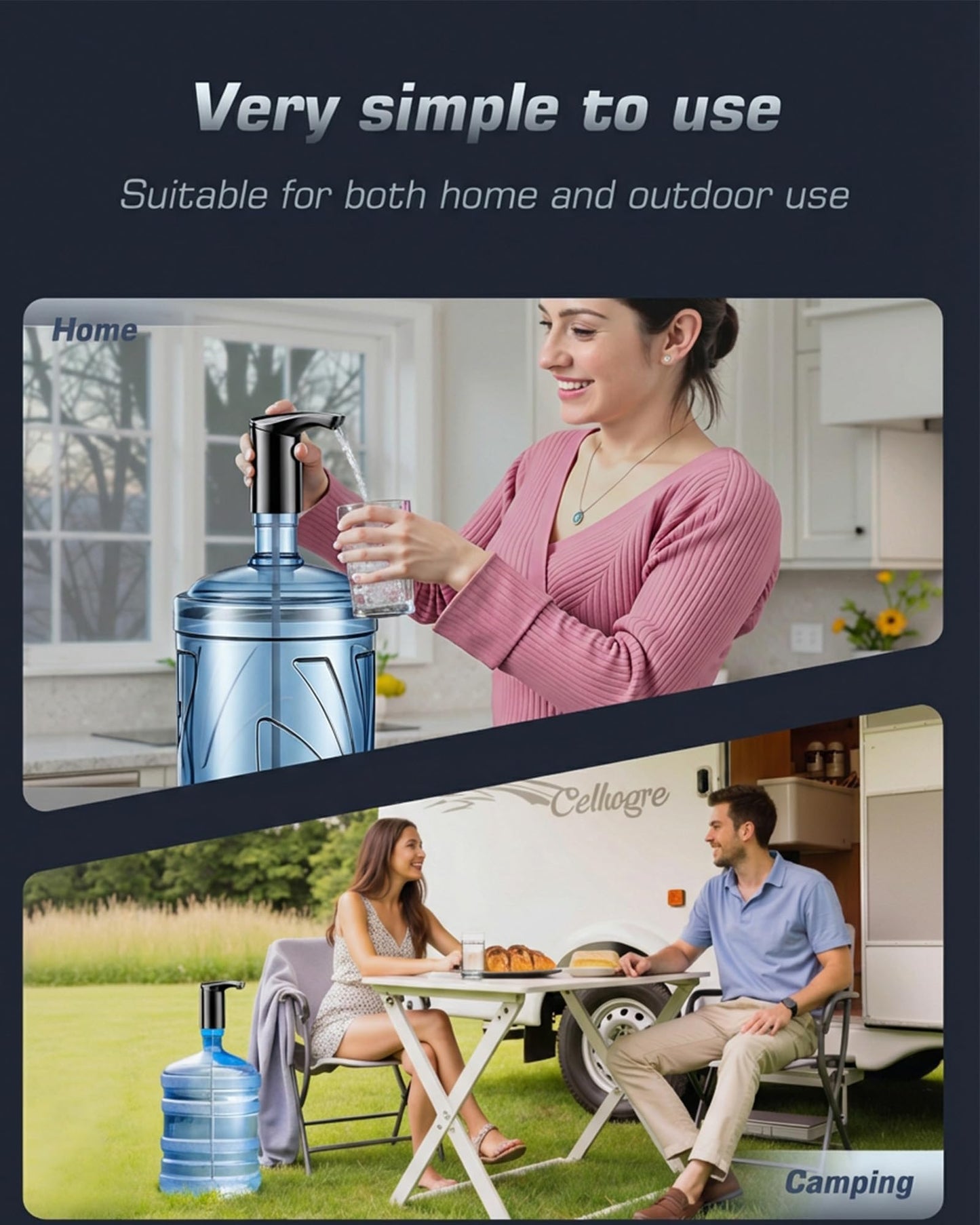 Rechargeable Water Dispenser Pump for 5 Gallon Bottle, Electric USB-C Large Flow Water Jug Dispenser, Portable Automatic Submersible Bottle Pump Silent Operation for Camping Home Office (Black)