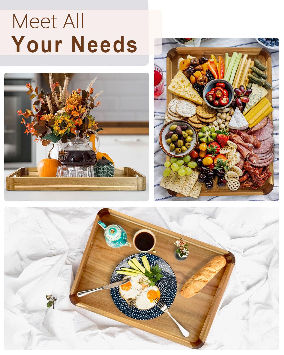 OurMiao 22 Inches Acacia Wood Serving Tray with Handles, Large Wooden Rectangle Ottoman Tray, Nice Home Decor for Living Room Coffee Table Couch, Ideal Size for Serving Food Breakfast BBQ Party