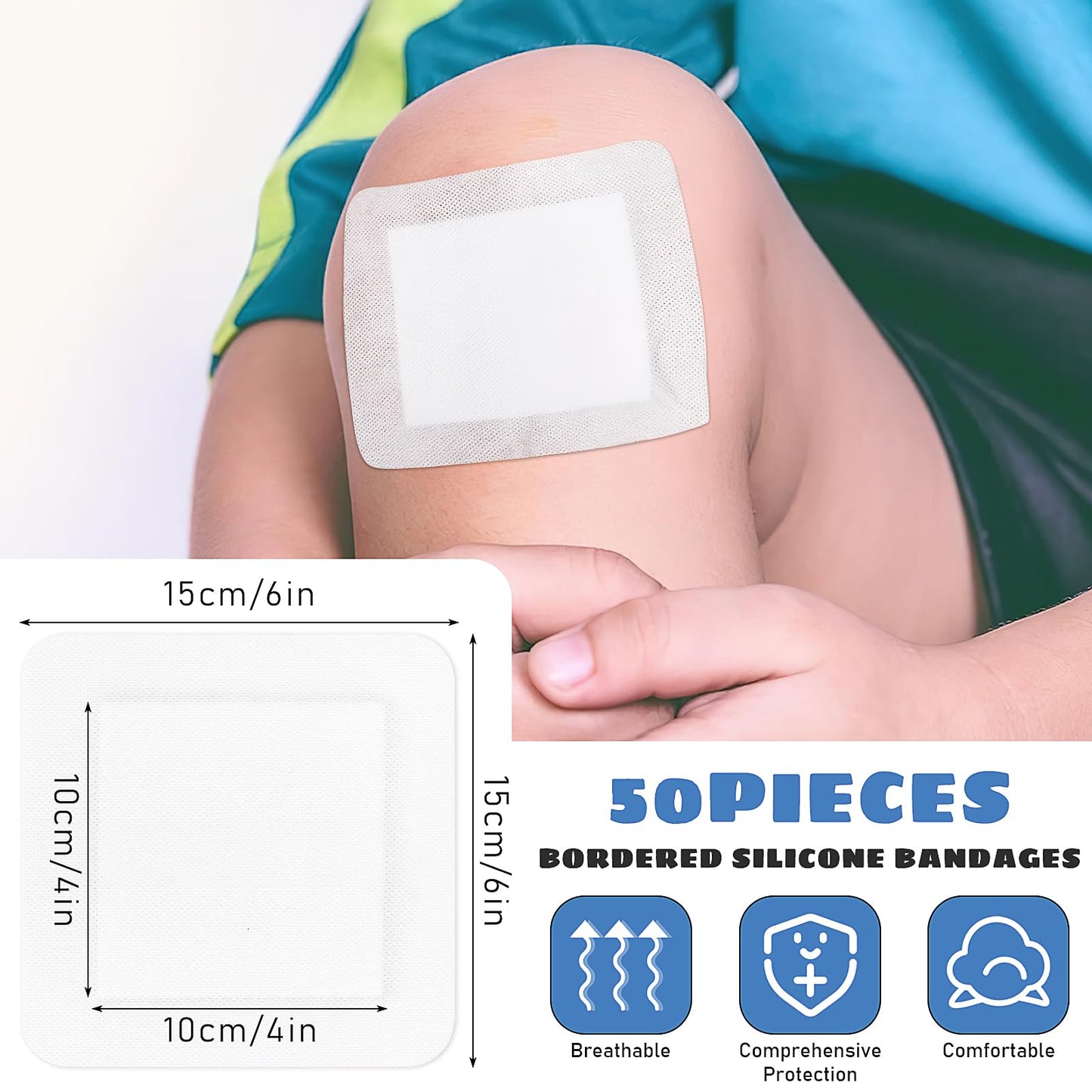 50 Pieces Bordered Gauze-Island Dressing is 5.9 x 5.9 Inch Wound Bandage Adhesive Patches Post Shower Pads Breathable Borders Individually Packed Pouches