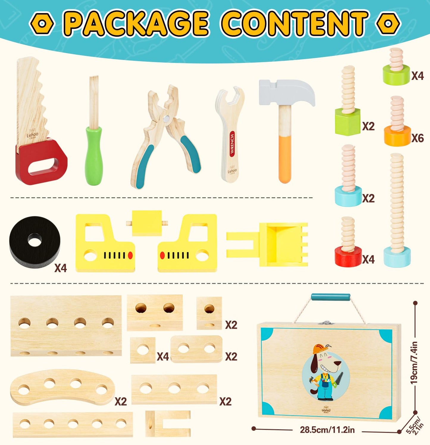 Lehoo Castle Wooden Kids Tool Set, Montessori Educational Toys for Toddler 3+, Pretend Play Tool Box STEM Construction Toy, Birthday Gifts Toys for 3 4 5 Year Old Boys & Girls