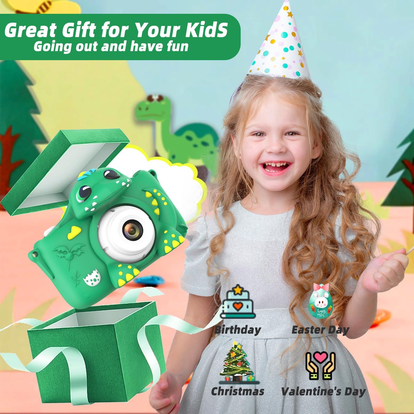 Kids Camera for Girls Boys Toddlers Childrens Age 3-8 Digital Selfie with 64GB Card for Son Daughter Grandson Granddaughter Christmas Birthday Gifts