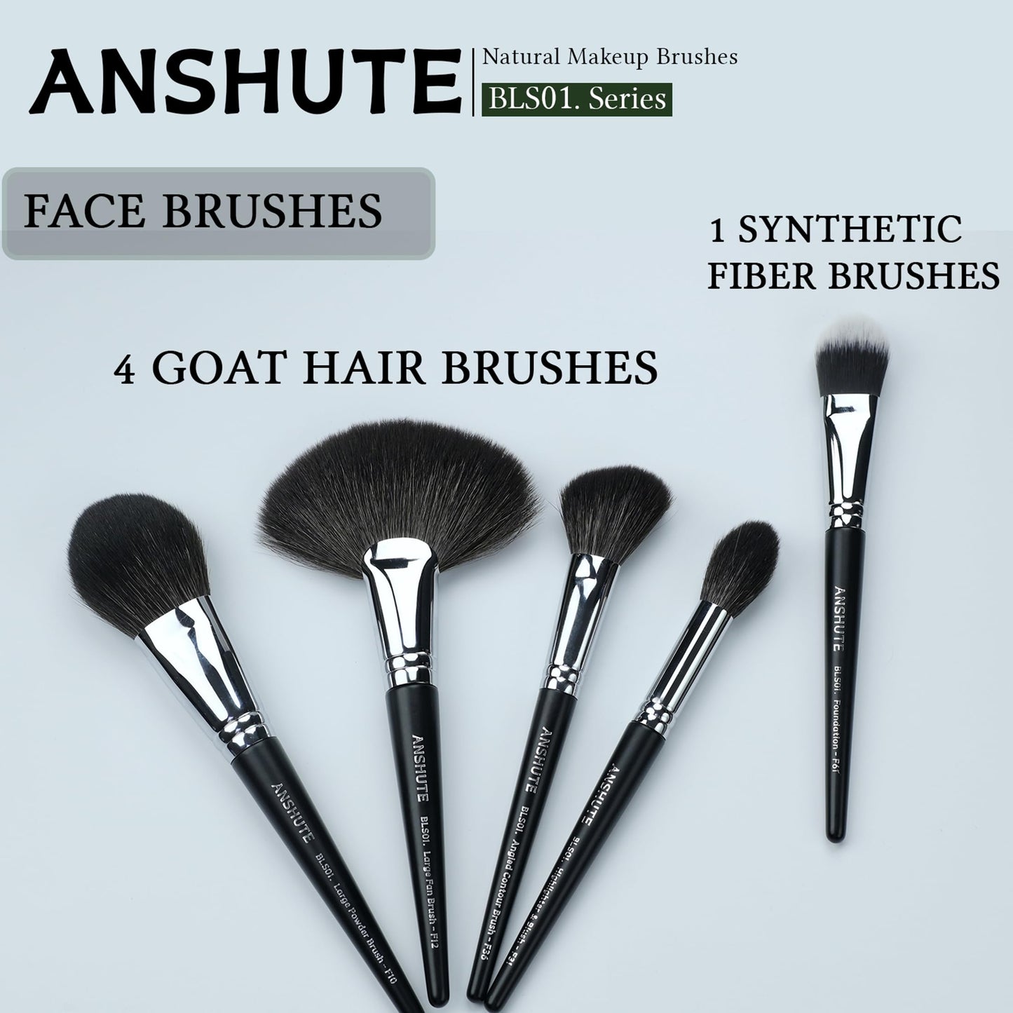 Anshute 5-Piece Professional Natural Goat Hair Makeup Brush Set – Face Brushes for Powder, Blush, Contour, Highlighting & Foundation. Super Soft Bristles, Variety of Brushes. Labled Brush Handle