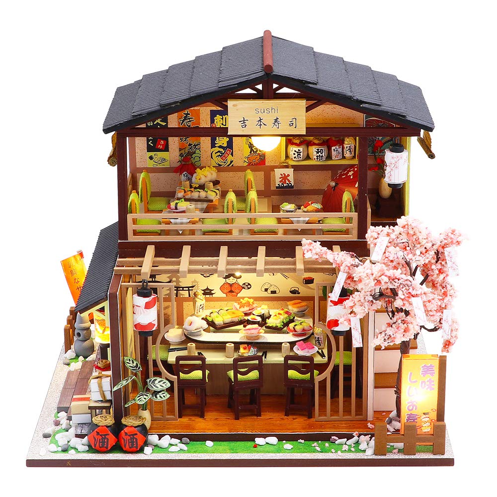 Spilay DIY Dollhouse Miniature with Wooden Furniture,Handmade Japanese Style Home Craft Model Mini Kit with1:24 Scale Creative Doll House Toys for Adult Teenager Gift (Gibbon Sushi)
