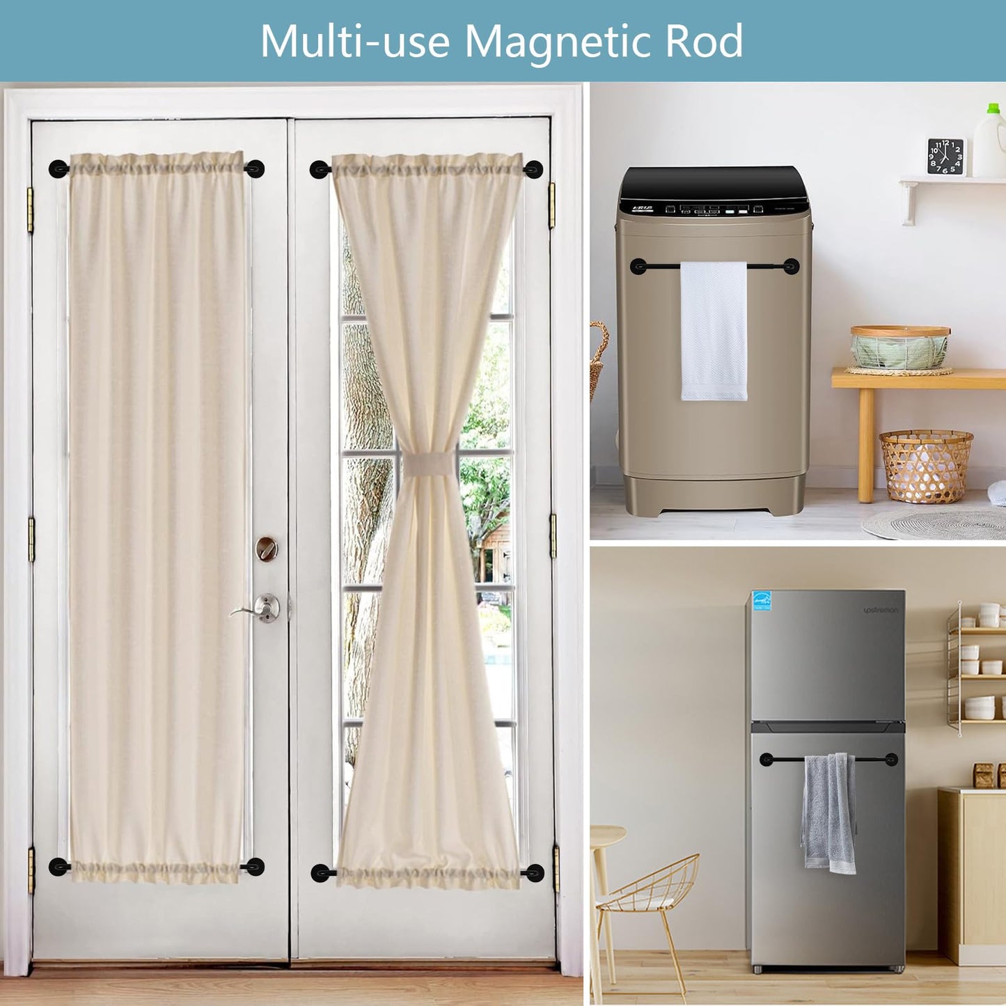 TYRON 2 Pack Magnetic Curtain Rod for Metal Doors Adjustable 18-30 Inch, 3/8 in. Diameter, French Door Magnetic Curtain Rods, Magnetic Cafe Curtain Rod(White)