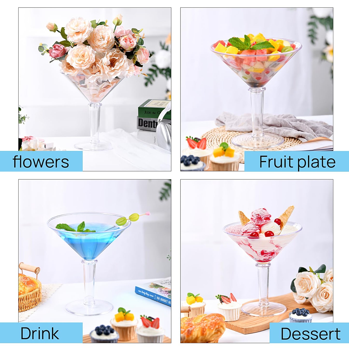 Unbreakable Giant Martini Glasses set of 4, 48 oz Plastic Cocktail Glasses, Jumbo, Reusable, BPA Free, Detachable, Perfect for Picnic, Beach & Patio Party, Appetizers, Birthday, Wedding and All Events