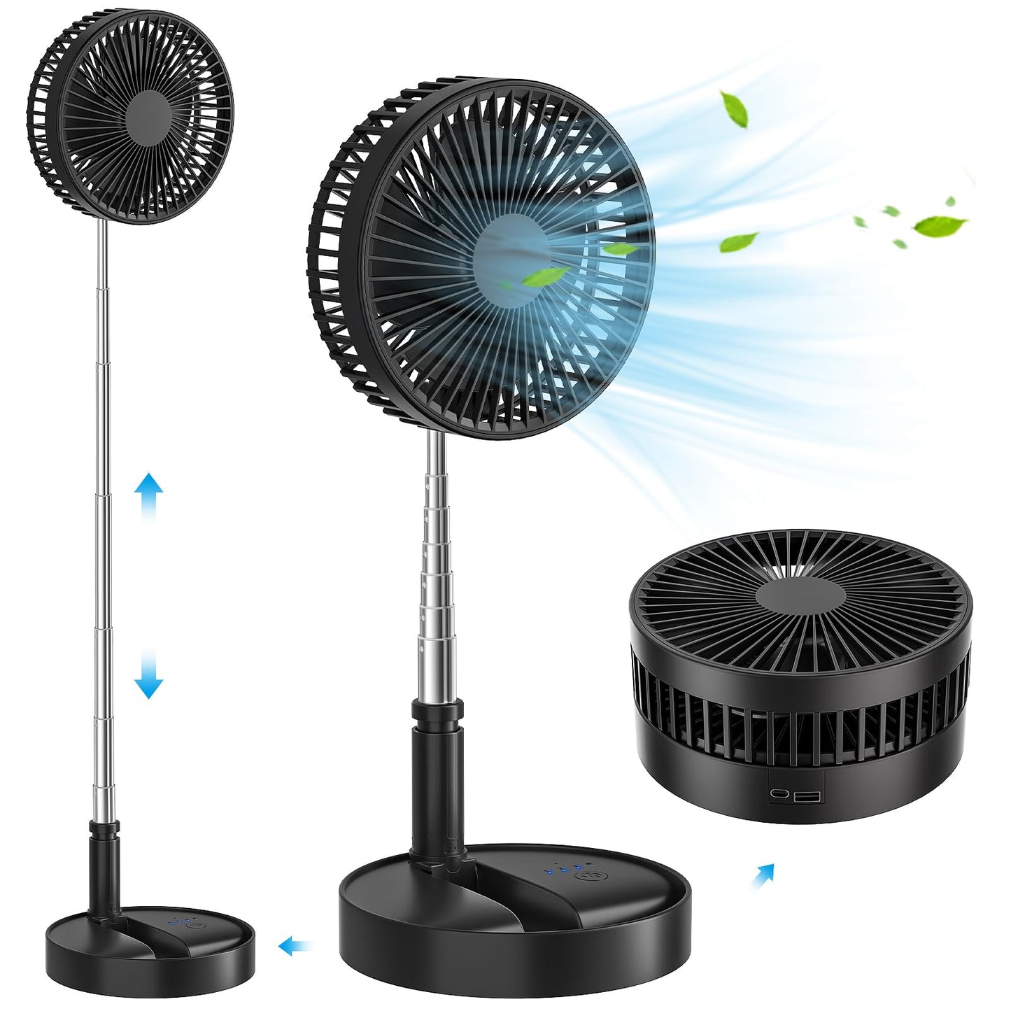 Foldable Table Floor Standing Fan, Rechargeable Portable Telescopic Pedestal Fan Desk Fan with 4 Speeds Setting, Height Adjustable & 180° Angle Wind Direction, for Home Office Outdoors Travel