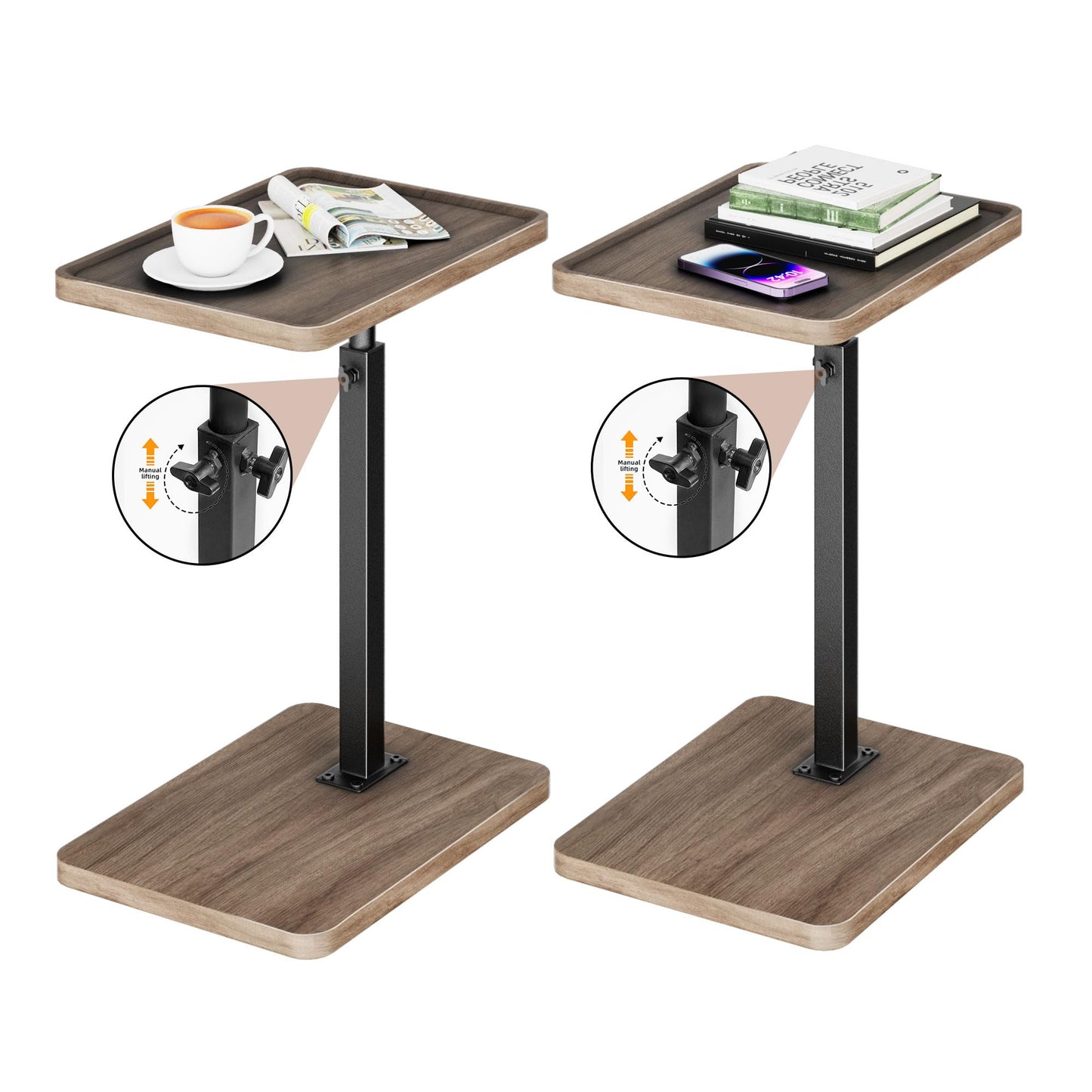 LAKEMID TV Sofa TrayTable Set of 2, 360° Swivel Side Table,Height Adjustable TV Tray, C Shaped Snack End Table for Couch, Bed, Small Living Room Table,Rustic Brown