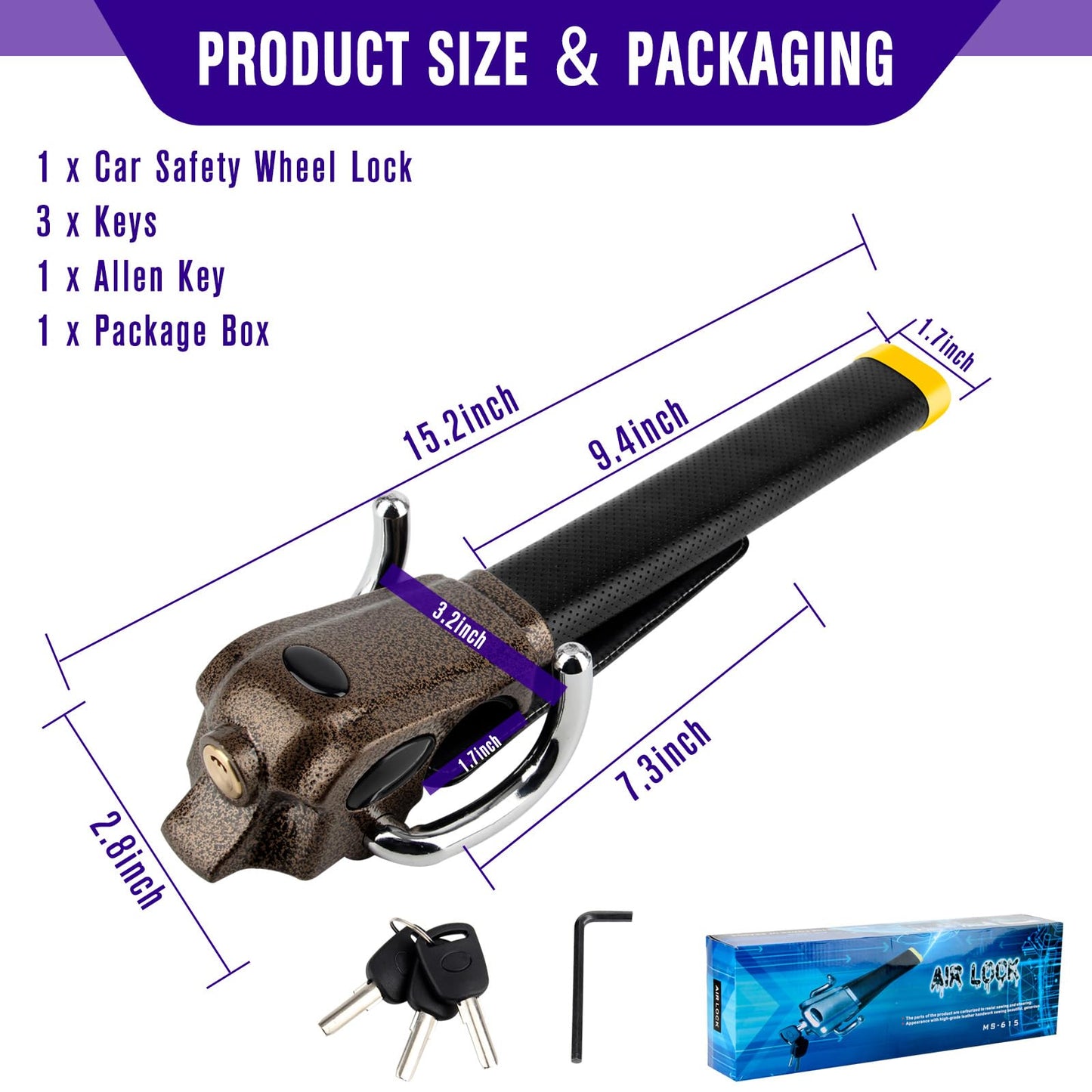 OPL5 Car Steering Wheel Lock, Universal Anti-Theft Locking Devices,Heavy Duty Great Deterrent Adjustable Security Car Lock for Auto Truck SUV Van Wheel Lock with 3 Keys