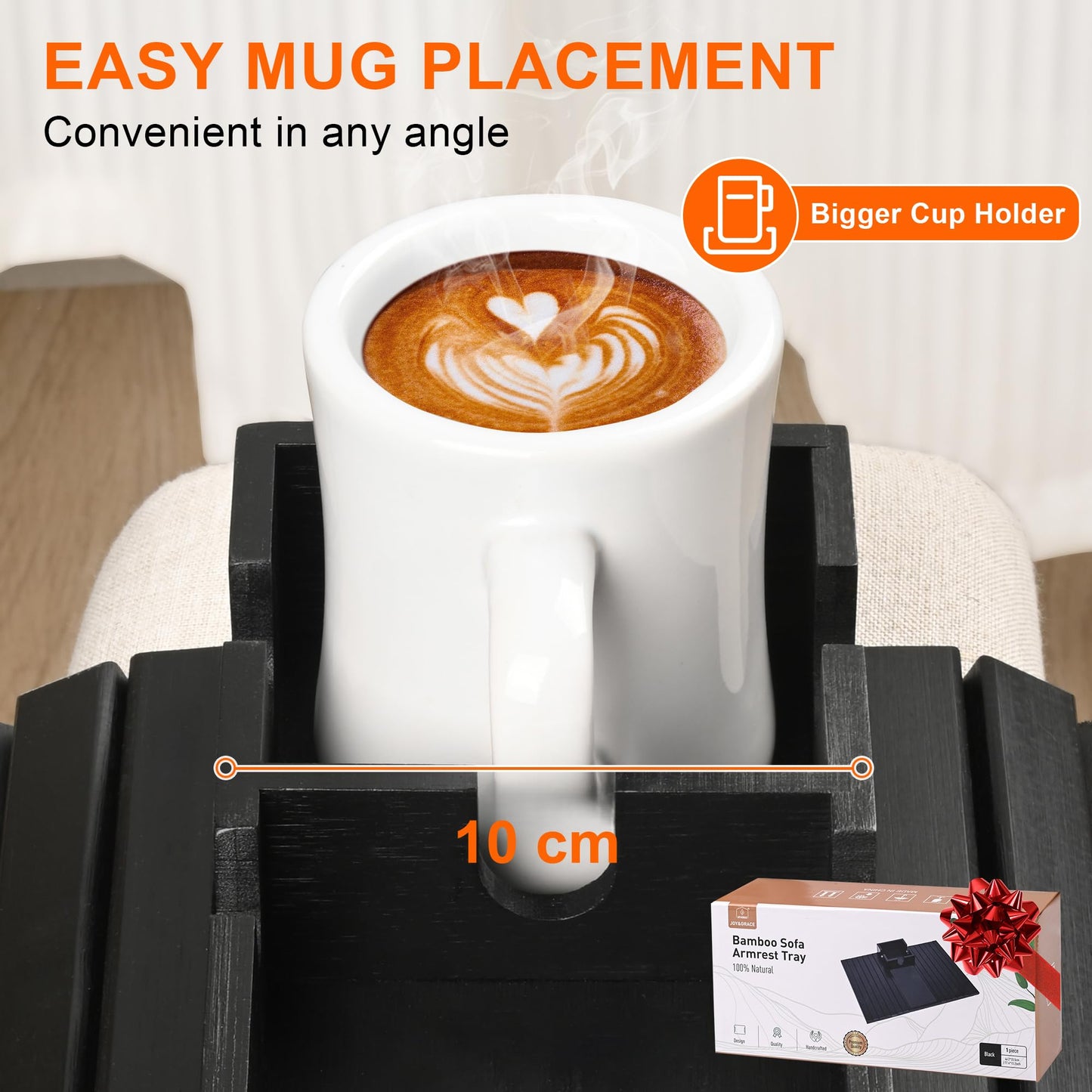 Joy&Grace Sofa Armrest Tray with Large Mug Holder, Bamboo Couch Arm Tray, Anti-Slip Couch Cup Holder Foldable Sofa Arm Table for Eating Drinks Cellphone (Color Black)
