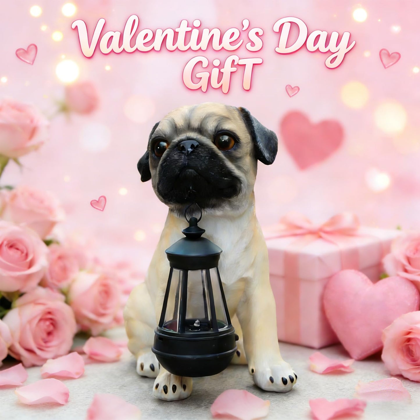 Garden Dog Statues Outdoor Decor, Solar Lights Outdoor Pug Figurines Solar Dog Ornaments for Patio, Lawn, Yard Art Decoration, Valentines Day Gifts, Housewarming Garden Gift