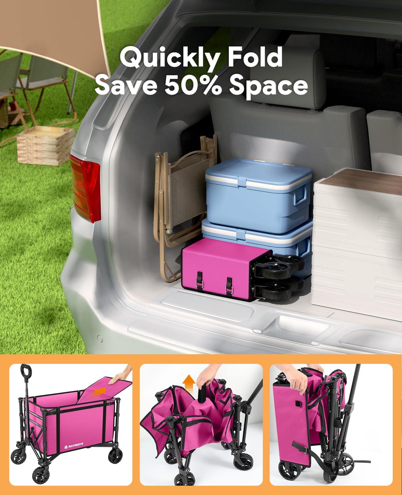 3 in 1 Collapsible Wagon Converts to Bench, 220lbs Foldable Wagon Cart with Wheels, 120L Shopping Cart for Groceries Folding Utility Wagon for Beach, Garden, Camping, Sport (Pink)
