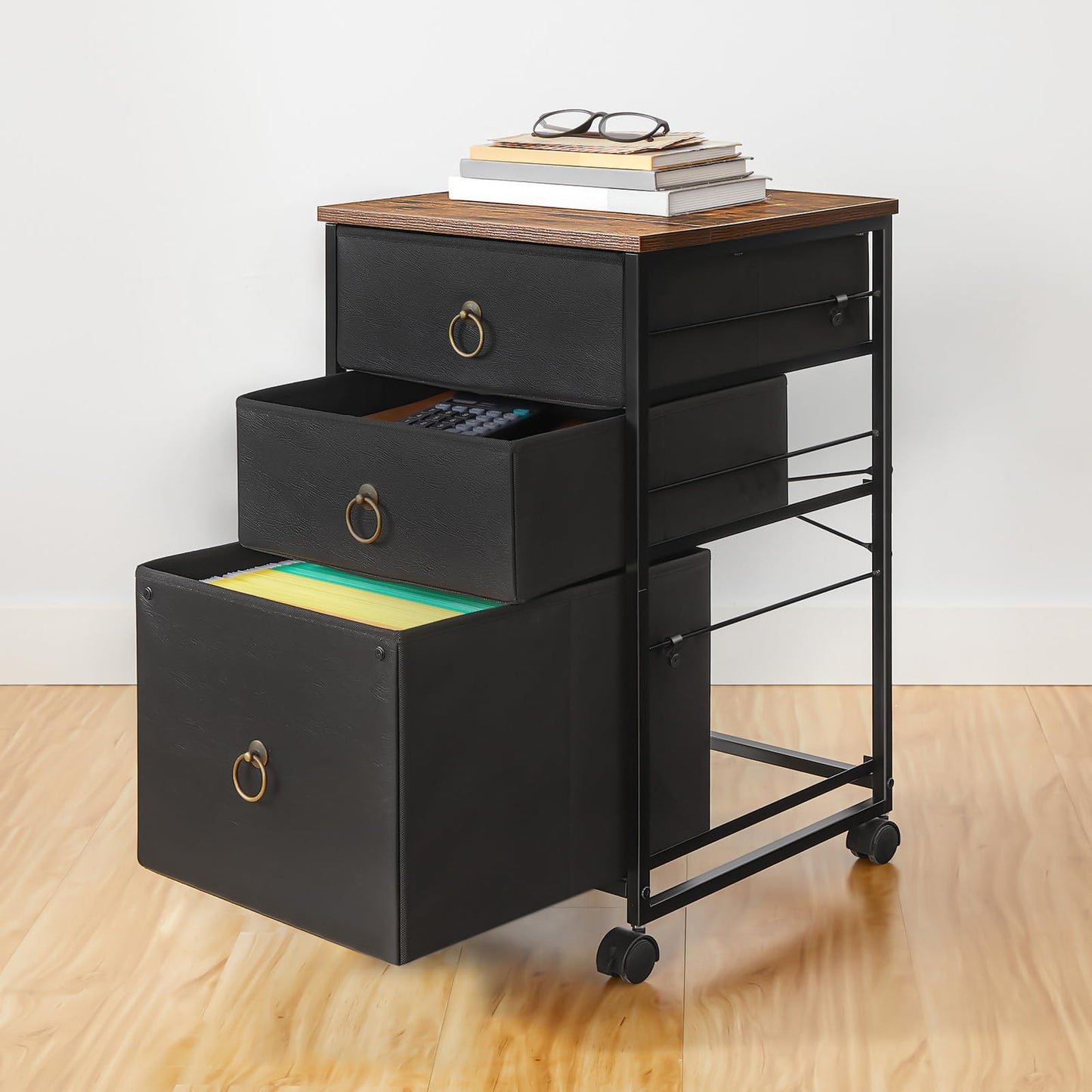 HOOBRO Mobile File Cabinet, Rolling Printer Stand with 3 Drawers, Office Cabinet, Fabric Vertical Filing Cabinet fits A4 or Letter Size for Home Office, Black and Rustic Brown BFK30WJ01