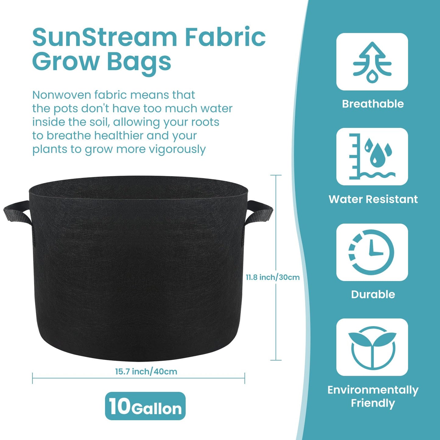 SunStream 10-Pack 10 Gallon Heavy Duty Thickened Nonwoven Fabric Pots Grow Bags with Handles