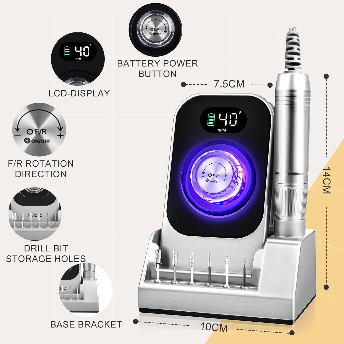 Professional Nail Drill, Urbuti 40000RPM Rechargeable Electric Nail Drill Machine with Base & 12 Drill Bit for Remove Gel Nail Polish Acrylic Nails Manicure for Salon Home(Gray)