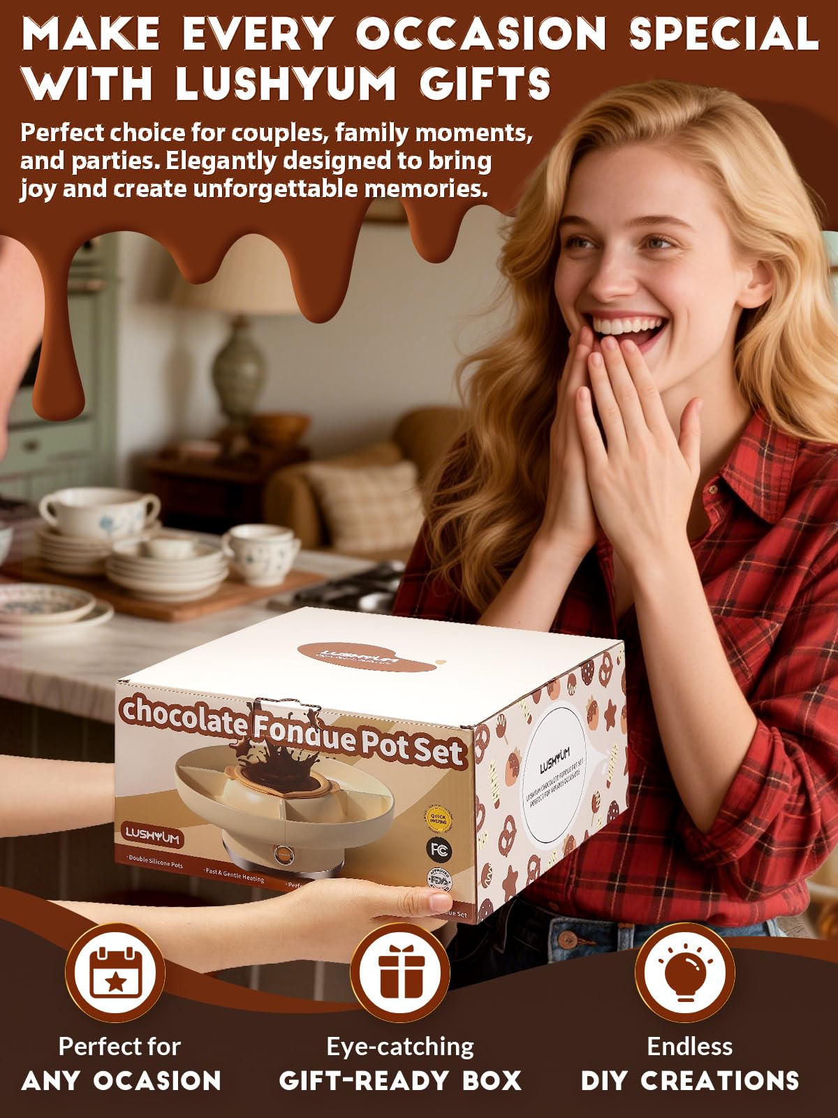 LUSHYUM Chocolate Fondue Pot Set Electric Melting Machine, 4-Cup Capacity 4 Trays 5 Forks 1 Spatula Cheese Warmer, Ideal Gift for Couple Family & Date Night Idea House Warming Holidays Essentials