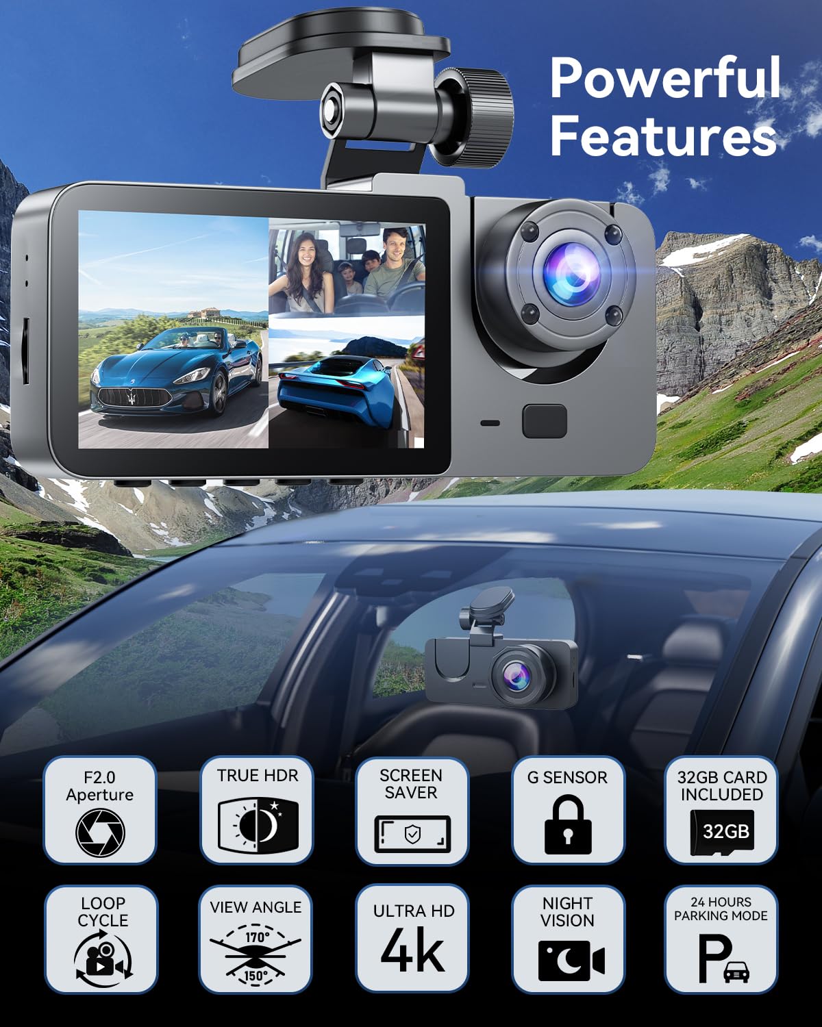 Dash Cam Front and Rear Camera, 4K HD Dash Cam Included 32GB SD Card, Dashcams for Cars Inside 3 Channel, Night Vision, Loop Recording, G-Sensor, 24 Hours Parking Mode, 170°Wide Angle