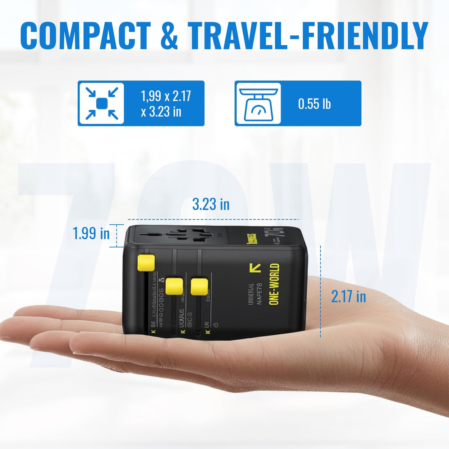 Universal Travel Adapter | 70W GaN International Power Adapter | Fast Charging for US, UK, EU, AU Plug | Laptops Tablets Phones