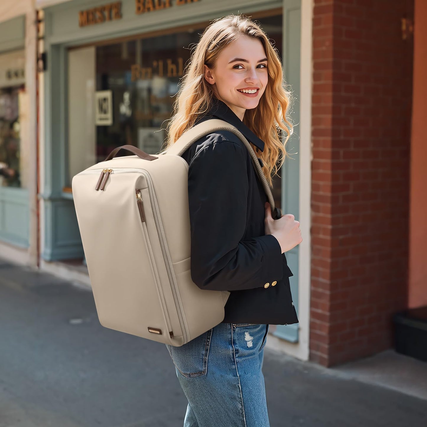 Stylish Laptop Backpack for Women Airline Approved Perfect for Work College and Travel Multi-Functional Casual Daypack Fits 17.3 Inch Notebook (Apricot)