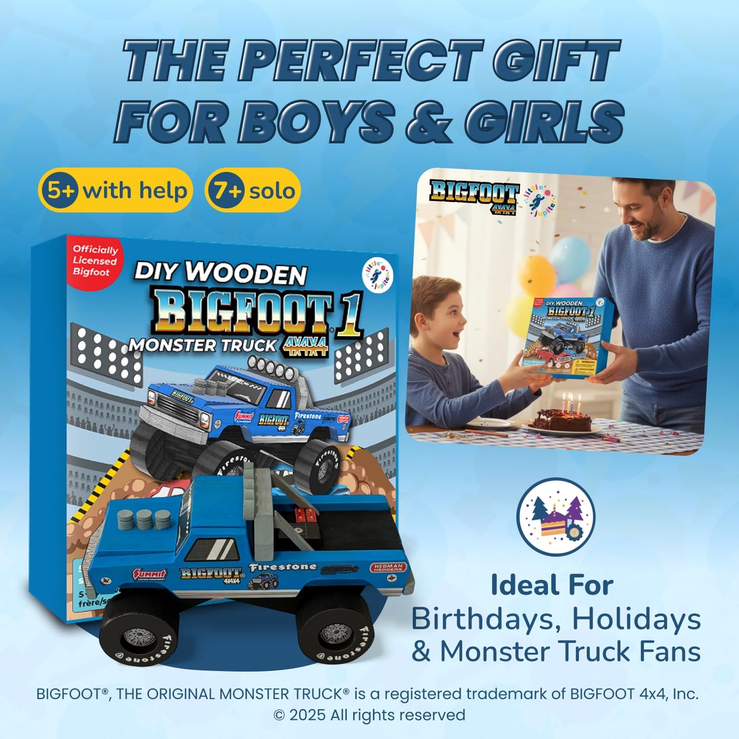 DIY Bigfoot 1 Monster Truck Wooden Kit w/Stickers & Paint (Large 7")- Officially Licensed Kids Building & Painting Kit - Wooden Painting & Building Kits for Kids - Ages 5-8 Years Stem & Paint Toys
