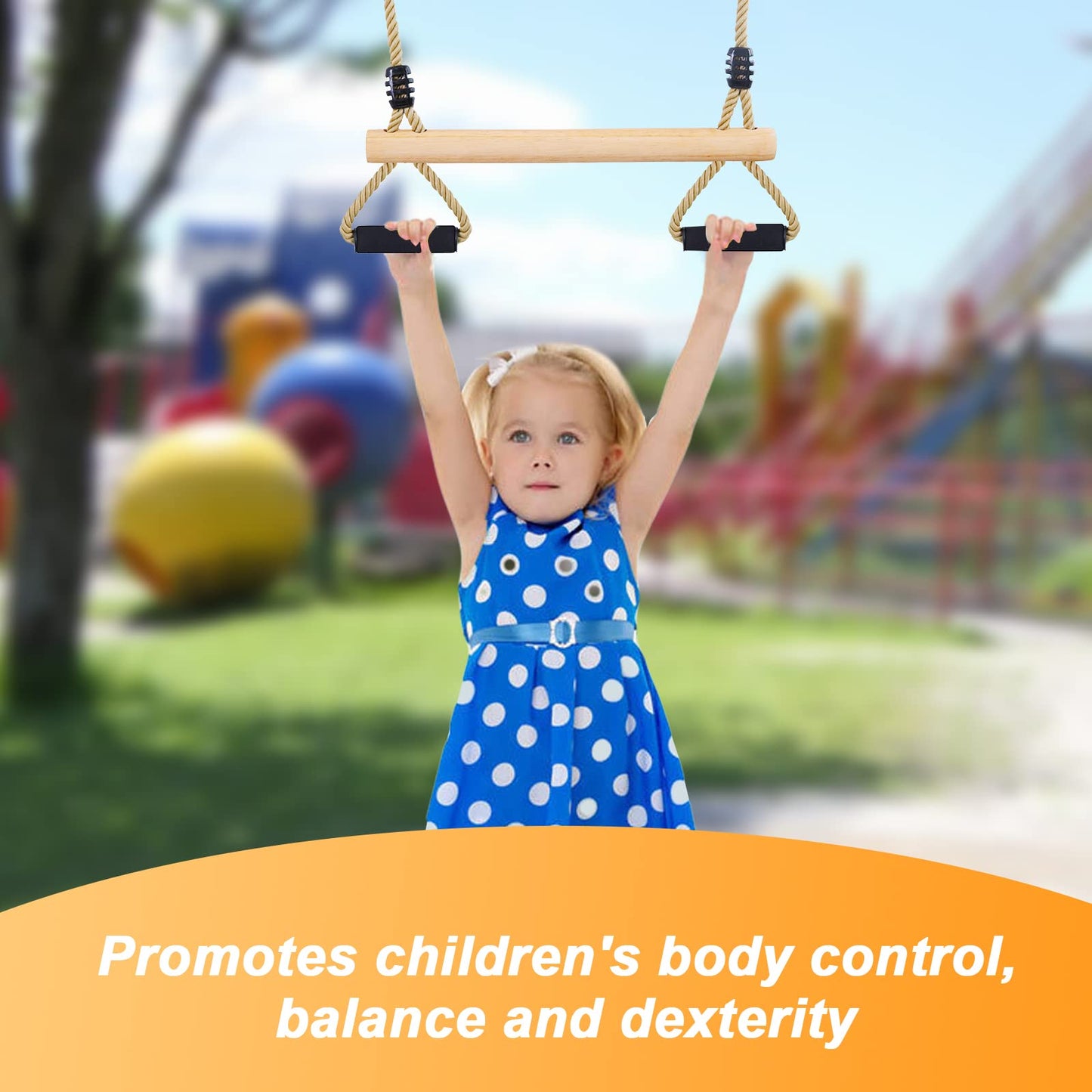 Wooden Trapeze Swing Bar with Gym Rings for Adults Children's Swing Set Indoor Outdoor Garden,Yard,Playground