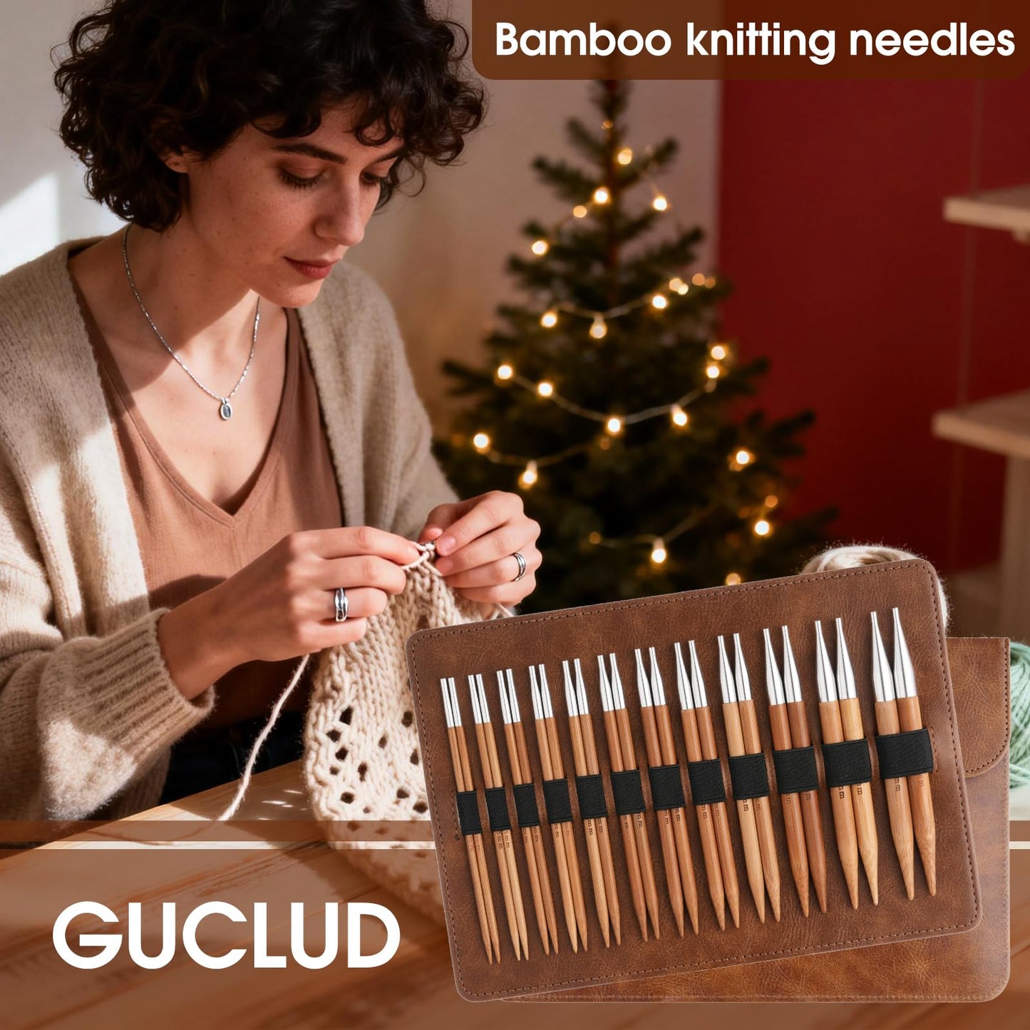 Guclud Bamboo Knitting Needles Set, 5-Inch Interchangeable Circular Knitting Needles US 4-15 (3.5-10mm),12 Pairs of Hand-Polished Circular Needles, 4 Cables, Accessories & Case (Bamboo/Silver Tip)