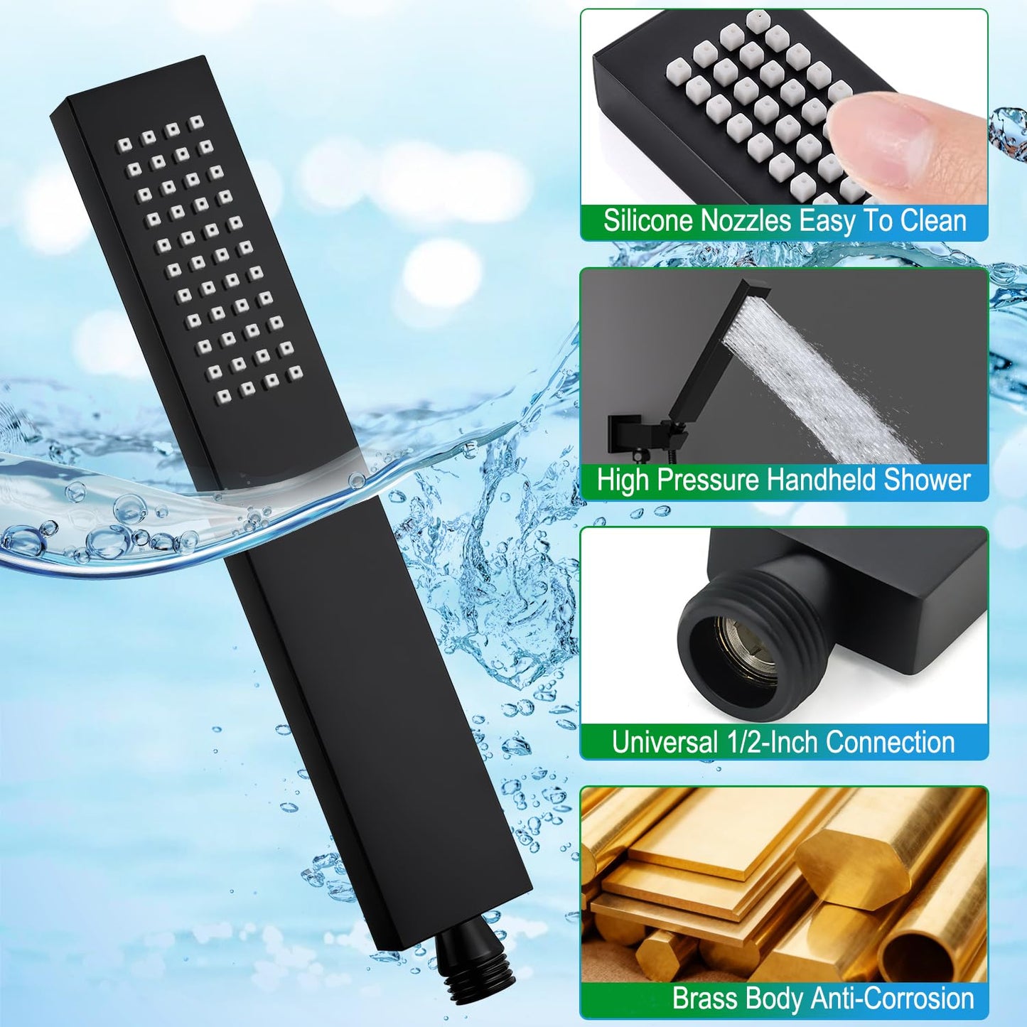 ENGA Solid Brass Handheld Shower Head, High Pressure Hand Held Shower Wand with Adjustable Wall Connector Shower Holder and 59" Hose Set, Matte Black
