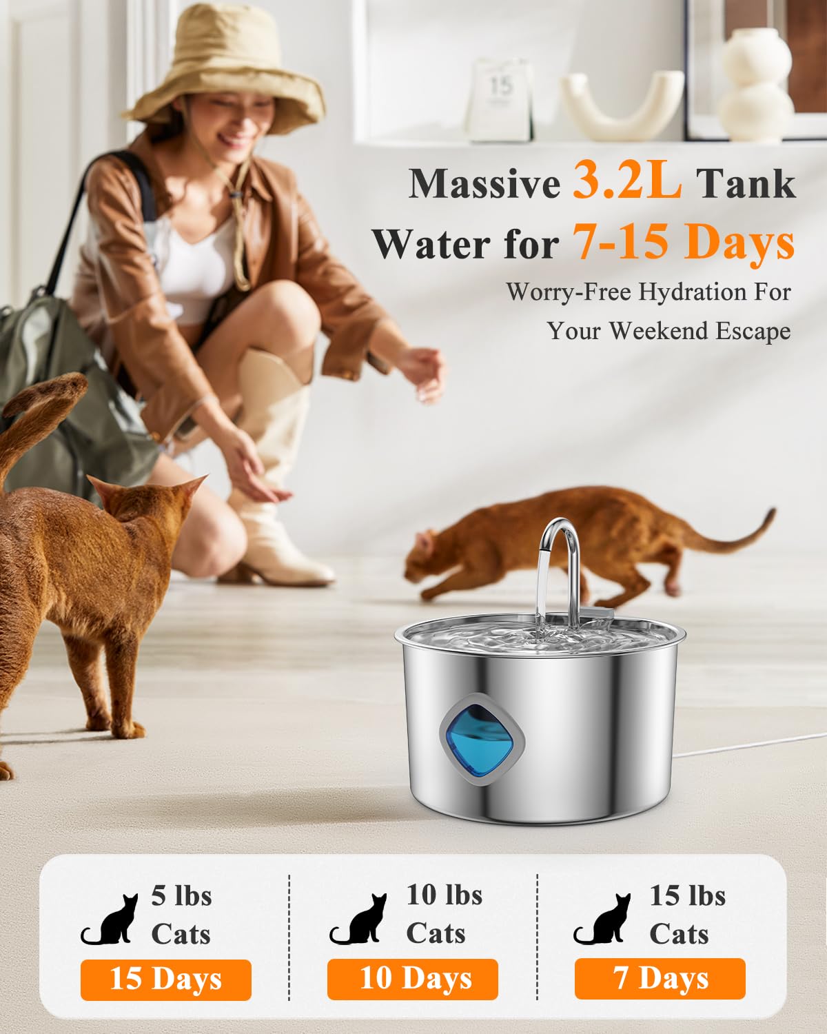 Cat Water Fountain Stainless Steel with 8 Filters Kit, 3.2L/108oz Automatic Pet Drinking Dispenser with Faucet & Flower Mode, Quiet Electric Metal Water Bowl for Indoor Cats S/M Dogs Pets