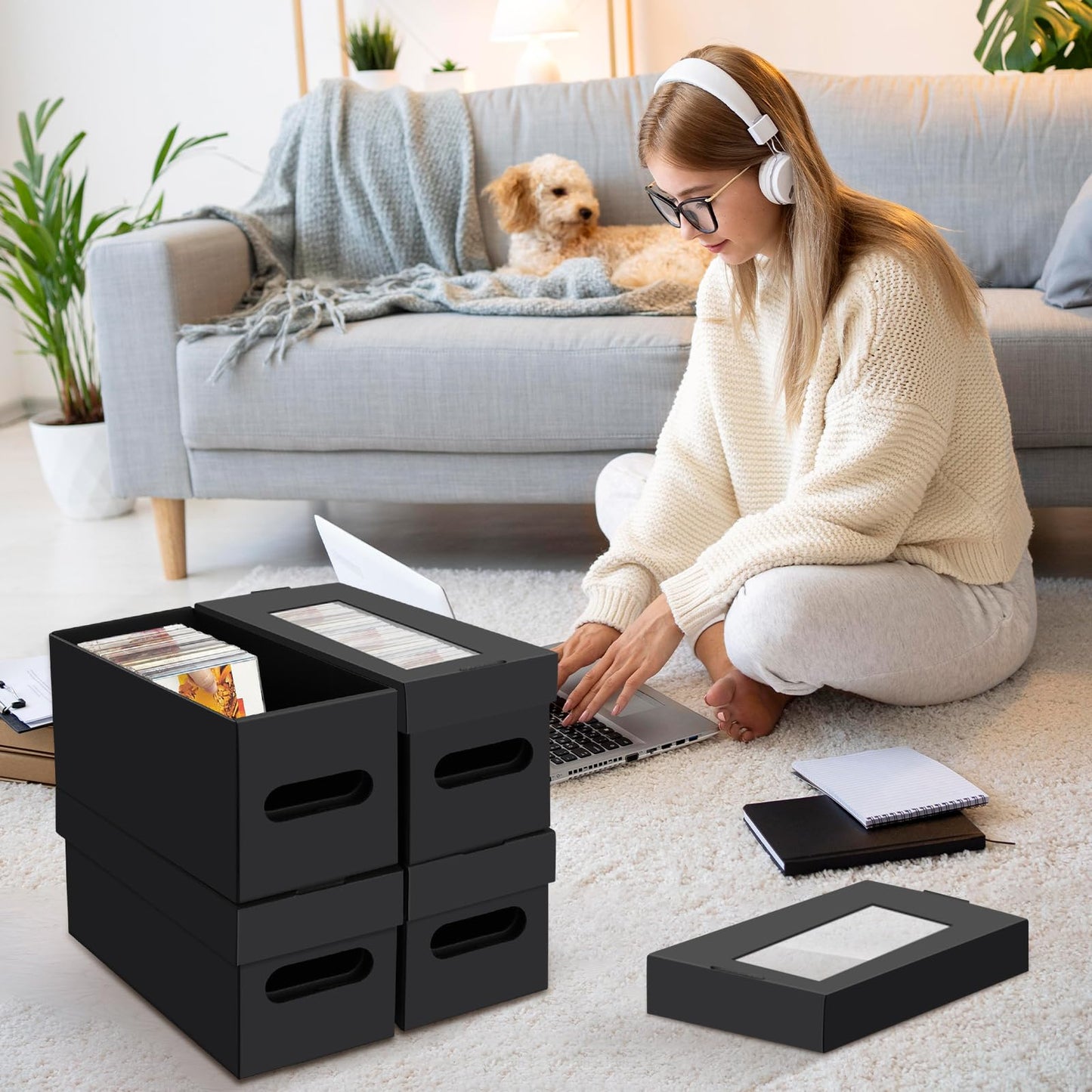 6 Pack CD Storage Boxes with PVC Clear Lid, Portable Cardbord CD Storage 13"×6"×6" DVD Case Holder Stackable DVD Storage Box Each Hold Up to 30 DVDs in Full Jewel Cases for DVDs, CDs