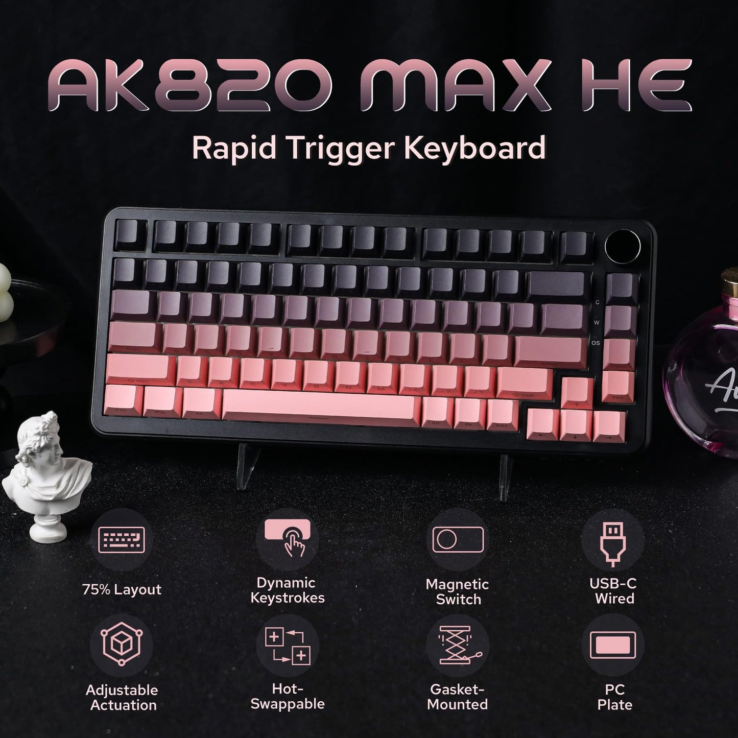 MechLands AJAZZ AK820 MAX HE Hall Effect Magnetic Gaming Keyboard, Adjustable Actuation, 8KHz Polling Rate, Wired Rapid Fast Keyboard, Creamy Gasket, RGB Backlight, NKRO for Win/Mac (Black Pink)