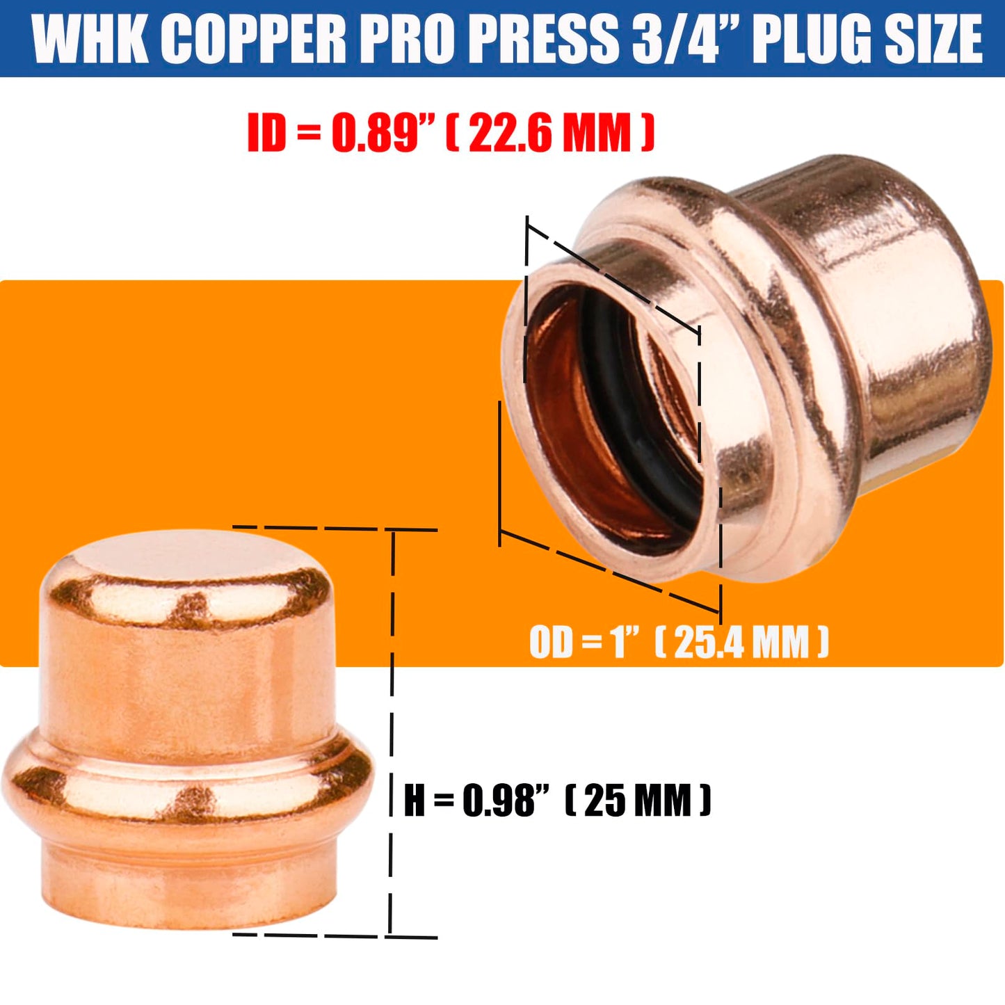WHK 8 Pack 3/4 Inch Press Propress Copper End Cap Press Pro Press 3/4" Cooper End Plug Press Fittings Copper Pipe End Cap(Lead-Free)