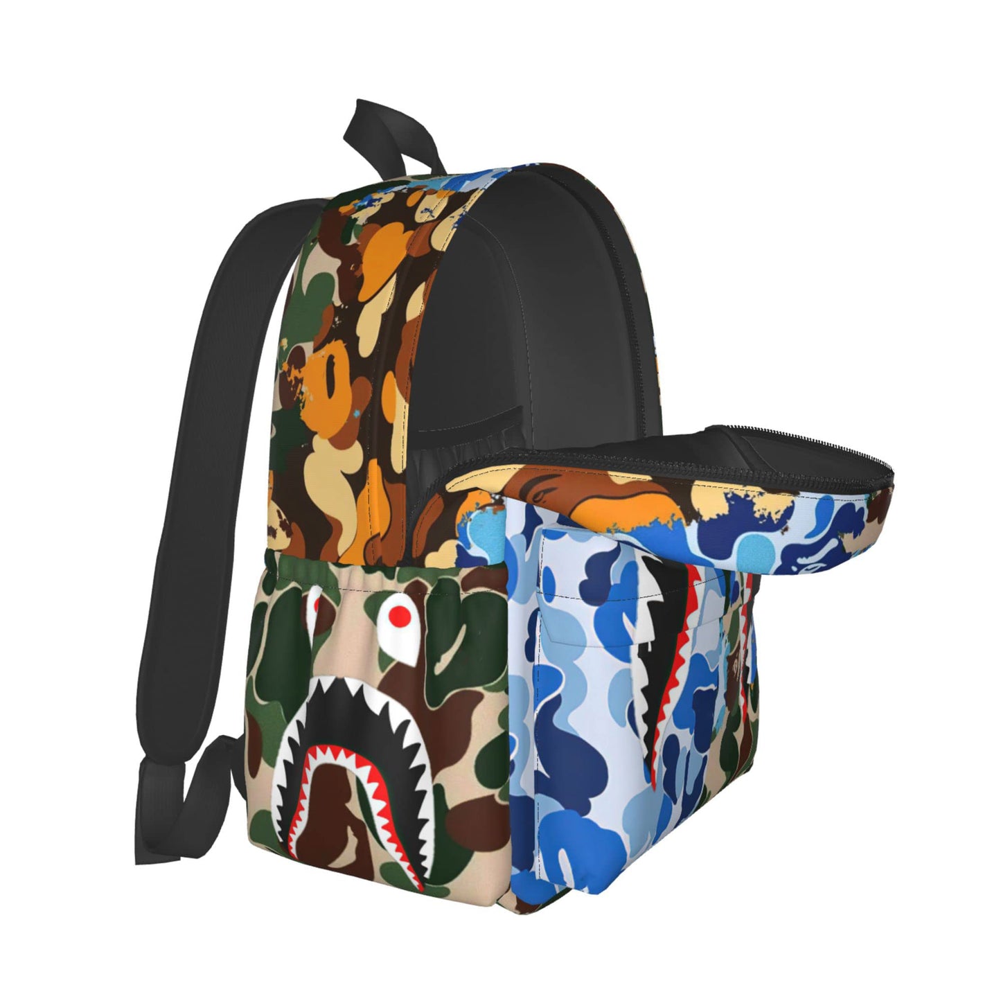 Vkaxopt Backpack Shark Teeth Camo Backpacks Travel Laptop Daypack Big Capacity Bookbag Fashion Durable for Men and Women, Blue Shark Camo, One Size, Fashion