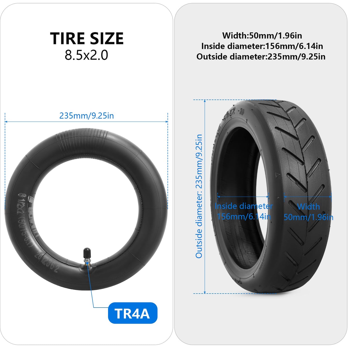 8.5x2.0 Inches Electric Scooter Tires and 50/75-6.1 Heavy Duty Inner Tubes TR4A Straight Valve Compatible with 8 1/2X2 8.5 x 2.0 Gotrax Gxl V2/Xiaomi M365 Electric Scooter Tire and Inner Tubes