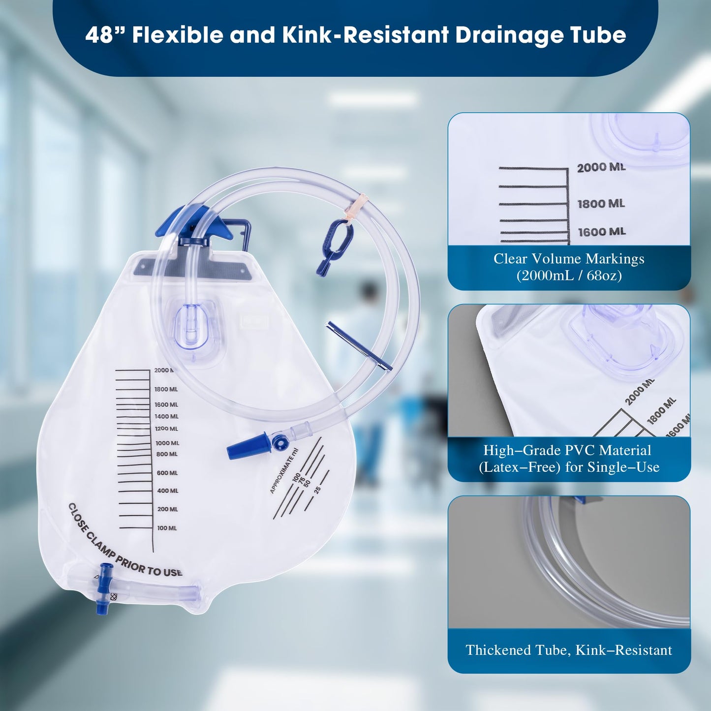 5 Pack BeHerk Catheter Bags for Men and Women, 2000mL Professional Urinary Drainage Bag with Anti-Reflux Drip Chamber, 48” Overnight Drainage Tube, Adjustable Clips & Hanging Hook