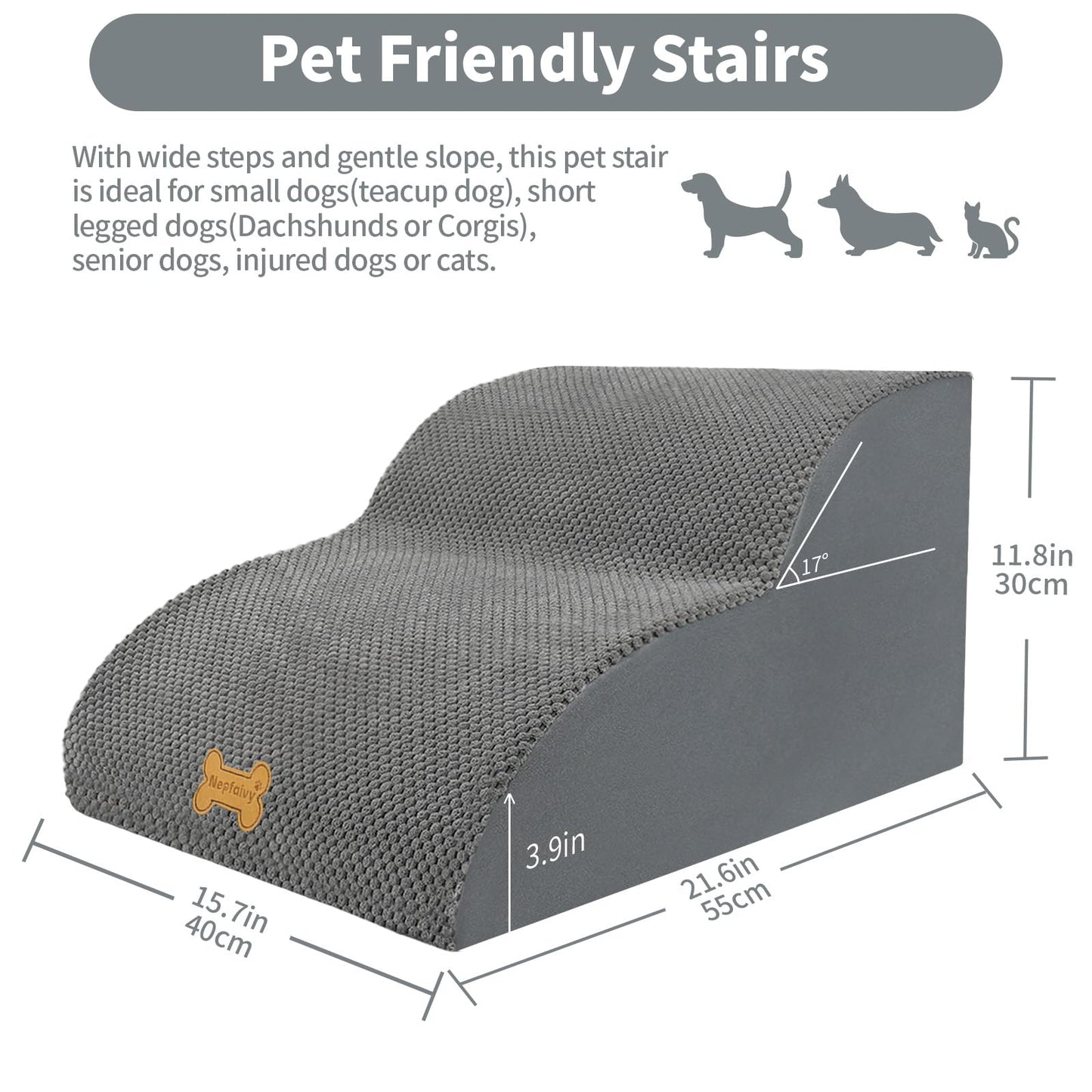 Nepfaivy Dog Stairs for Small Dogs - Pet Steps for Bed and Couch, Anti-Skid Dog Ramp with Removable Cover for Short-Legged Dogs, Arthritic Dogs or Senior Dogs, Grey, 2 Steps