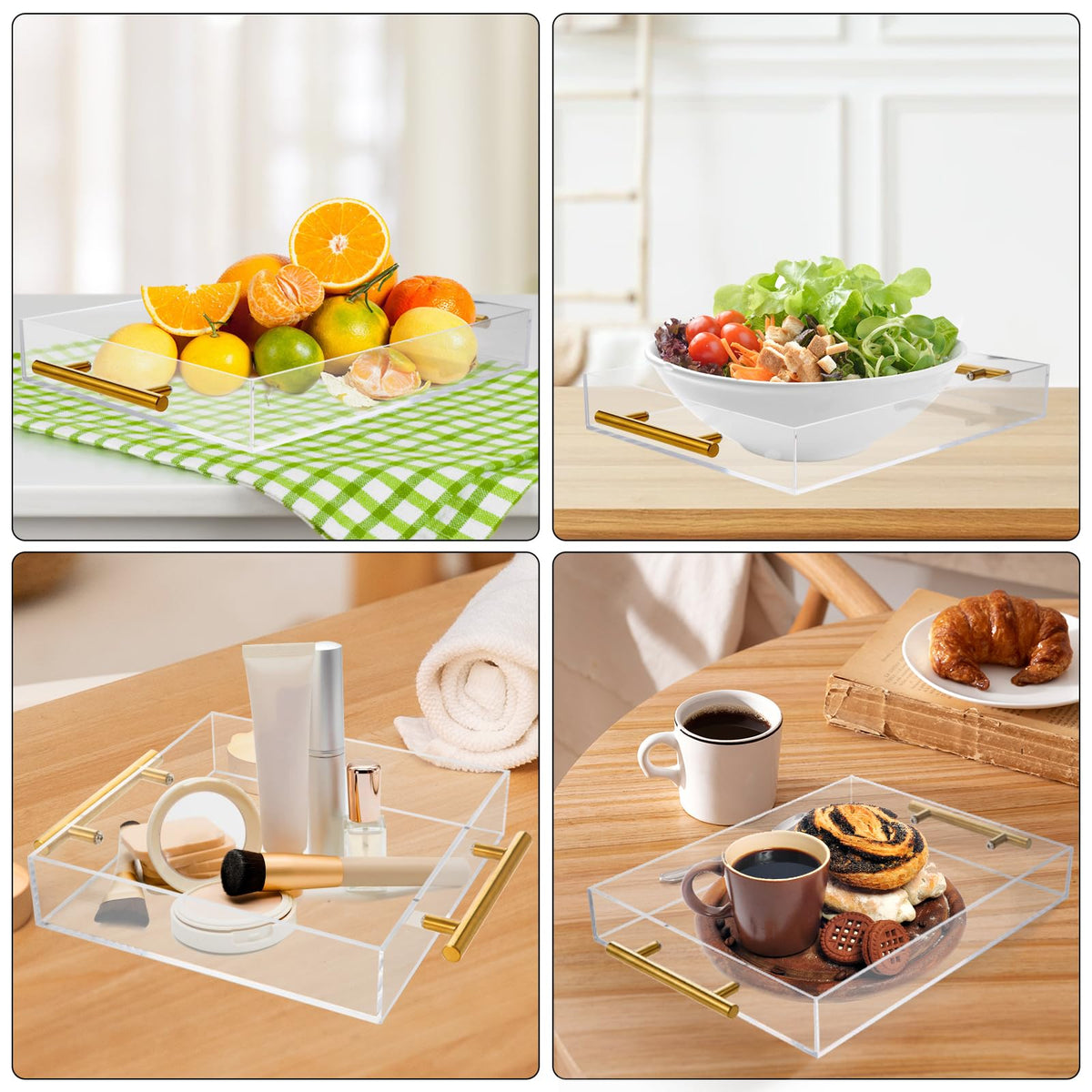 Vevitts 3 Pack Clear Sturdy Acrylic Serving Tray with Handles Decorative Trays Countertop Organizer for Coffee Table Nightstand, Sidetable, Breakfast, Tea, Food(15.4*11.6*2 13.8*10.8*2 10*10*2 inch)