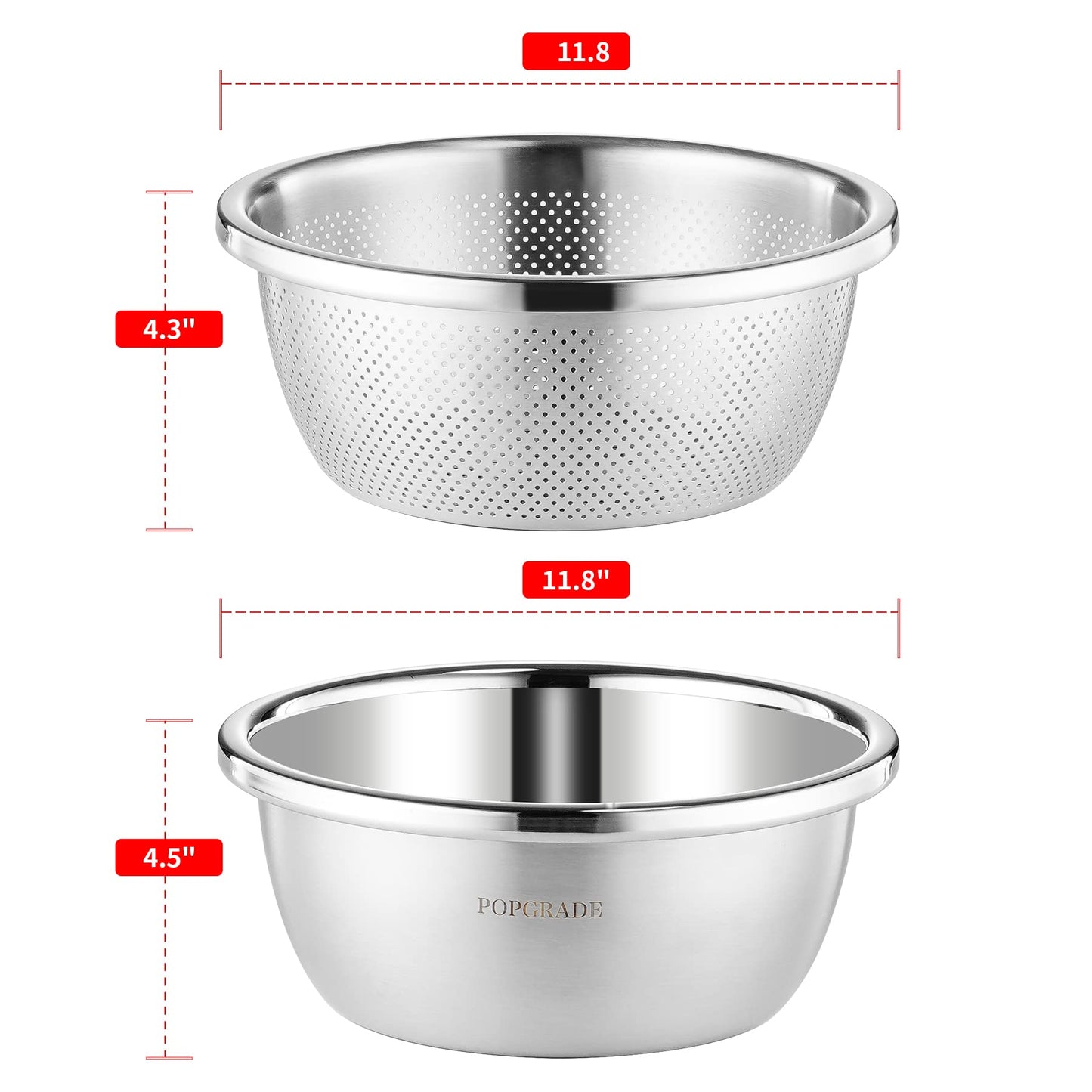 POPGRADE 304 Stainless Steel Colander with Bowl, 5-Qt Large Rice Washing Bowl Colander Food Strainers Set, Fruit Vegetable Washing Basket, Pasta Rice Rinser Strainer Washer (2pcs)
