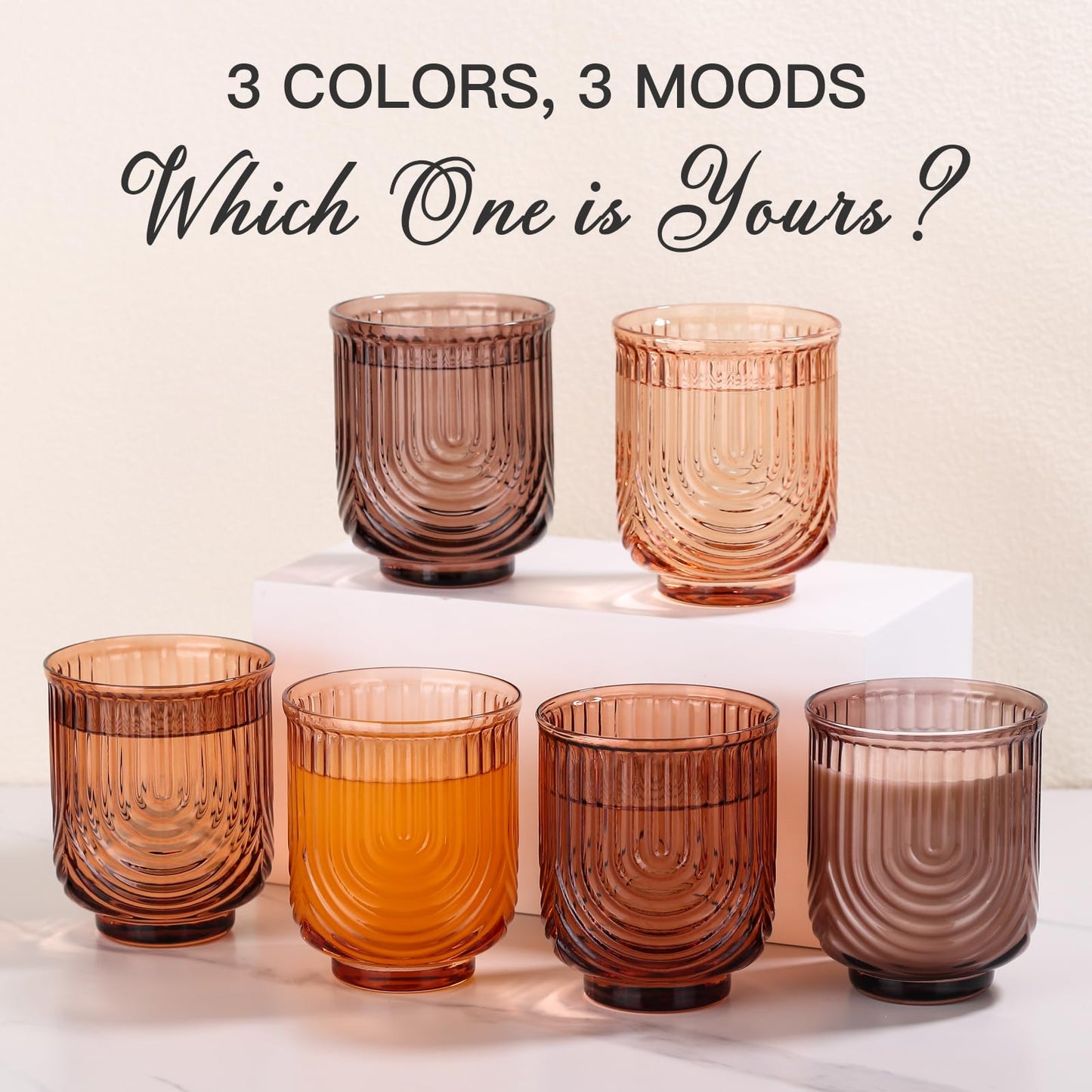 JOVGANK Amber Vintage Glassware Set of 6-14Oz Amber Water Drinking Glass, Art Deco Ripple Highball Glass, Whiskey Cocktail Glasses, for Bar Beverages Ice Coffee Juice, Housewarming Gifts