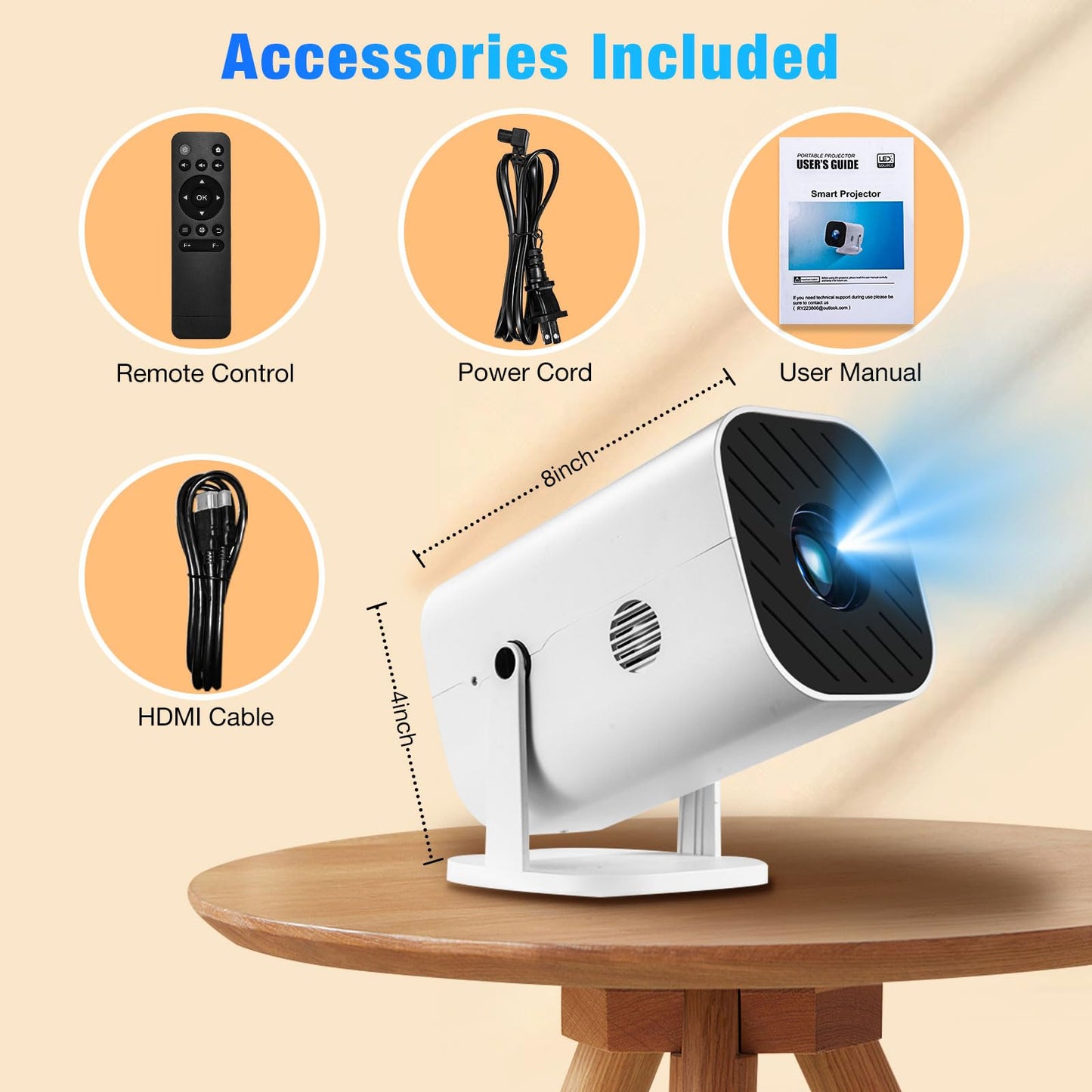 Mini Portable Projector (Built-in Speaker and Bluetooth 5.3), Video Projector for iPhone, Compatible with 4K, 1080P Movie Projector, Supports Smartphones/Video Games/TV stick/PS5/Computers/HDMI/USB