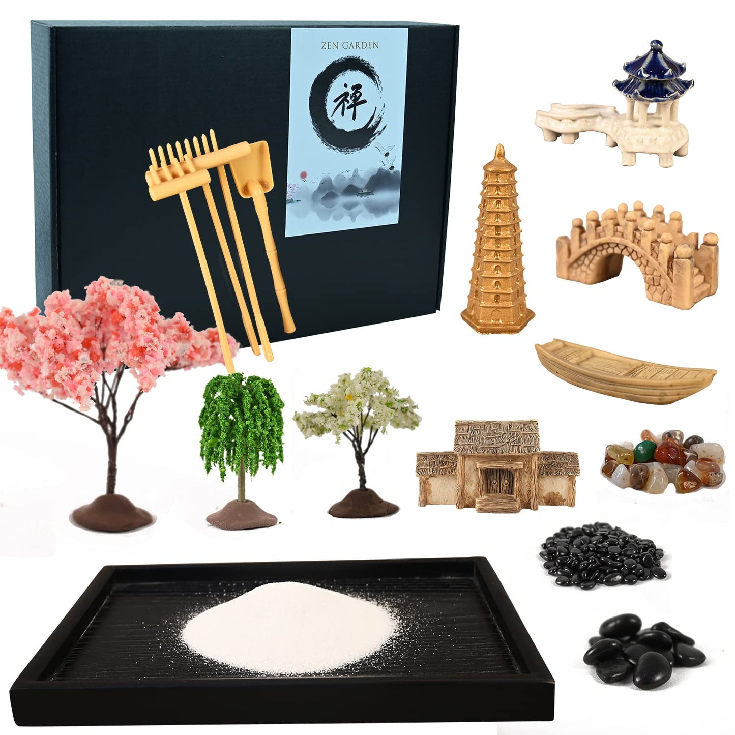 10" x 7" Upgraded Zen Garden for Desk with 18 Accessories Sand Garden Decoration Included Sand Tray,Zen Garden Rake,Trees,Pagoda,Bridge,Pavilion,Boat Zen Gifts Women