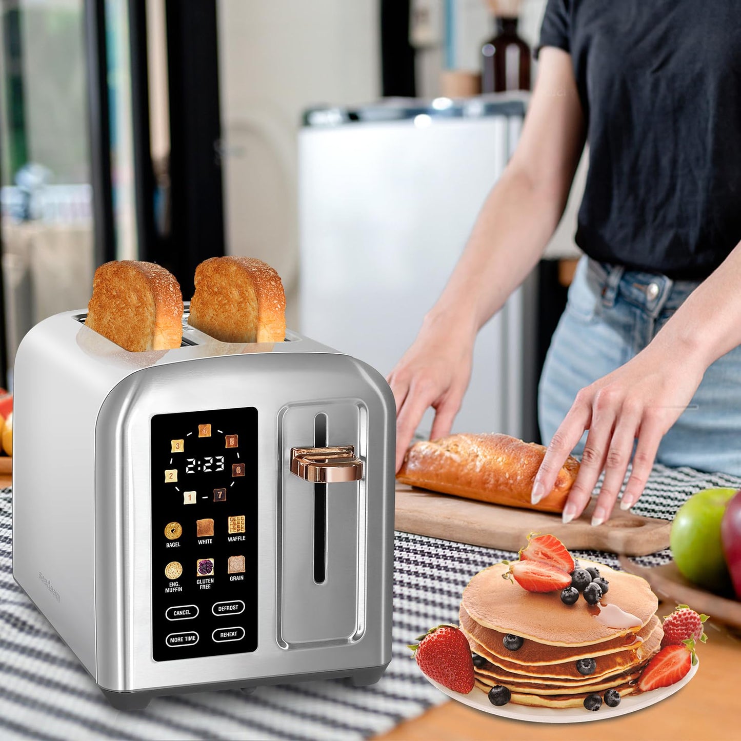 SEEDEEM Toaster 2 Slice, Stainless Steel Bread Toaster with LCD Display and Touch Buttons, 50% Faster Heating Speed, 6 Bread Selection, 7 Shade Settings, 1.5''Wide Slots Toaster with Cancel/Defrost/Reheat Functions, Removable Crumb Tray, 1350W, Silver Met